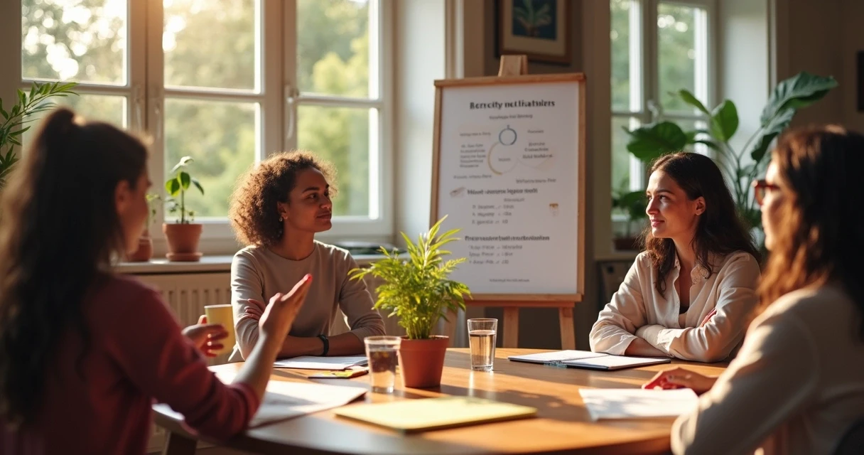 Nutricionista escrevendo em bloco de notas durante mentoria em grupo
