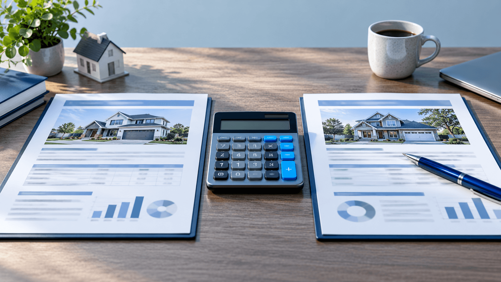 A blue-accented calculator sits between two property documents with a pen on the right-hand page.