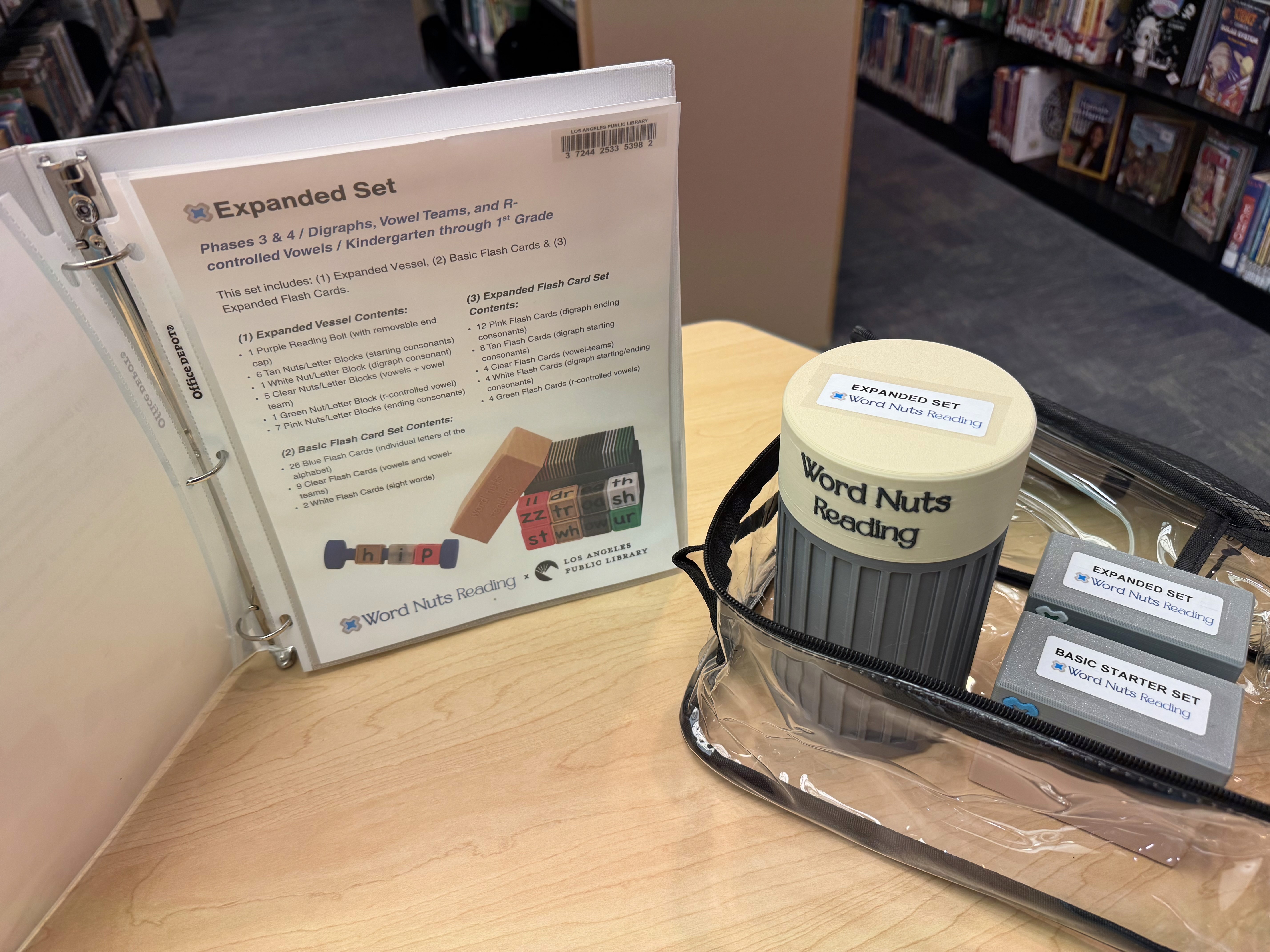 Word Nuts Reading 3D printed placard with NFC integration. A structured literacy tool for early readers featuring tactile letter blocks, phoneme blending, and multisensory practice. Developed by a parent, now available at the Los Angeles Public Library.