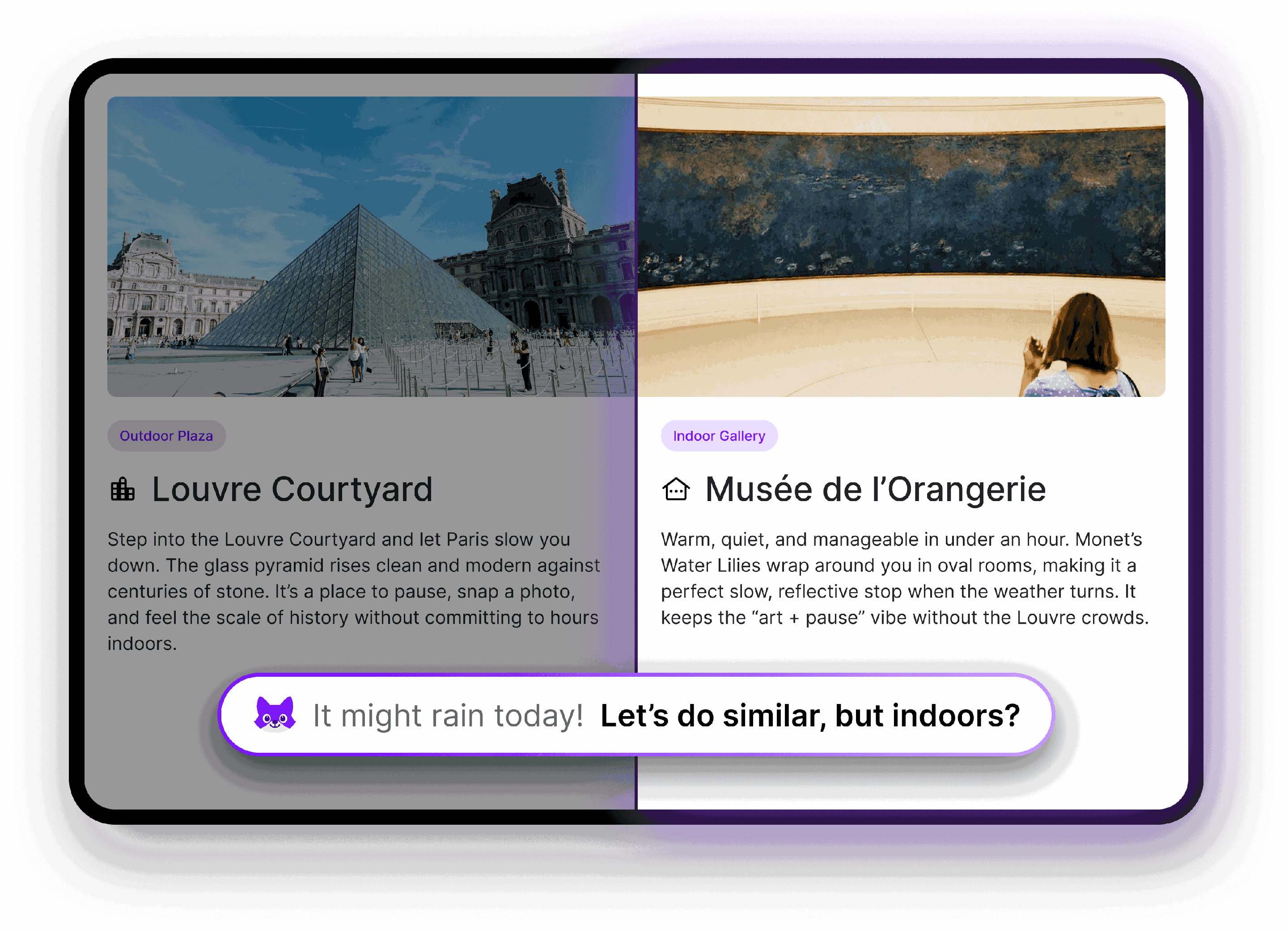  Trip Magic feature automatically suggesting an indoor Paris museum when rain is forecast
