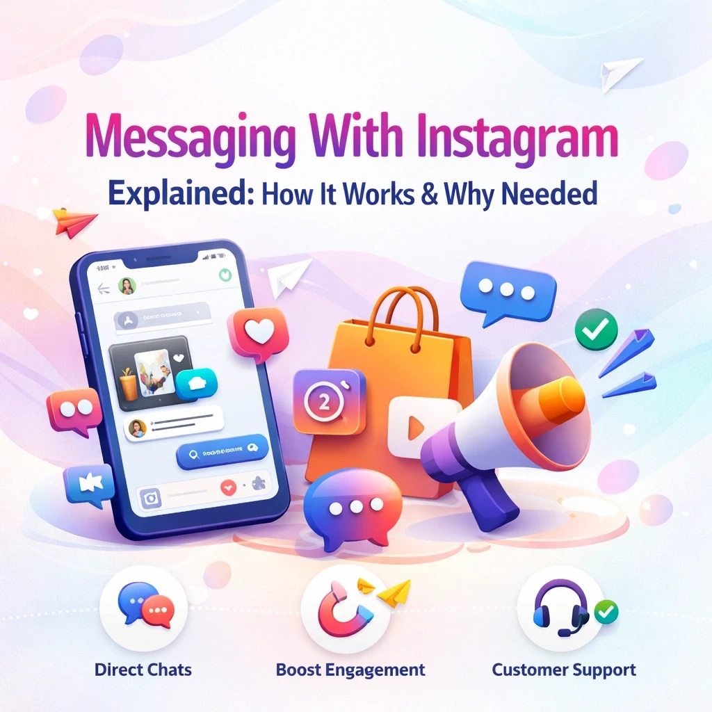 Modern blog header design with the title “Messaging With Instagram Explained: How It Works & Why Needed,” featuring a smartphone displaying Instagram direct messages, chat bubbles, engagement icons, and marketing elements on a light pastel background with a clean, professional UI style.