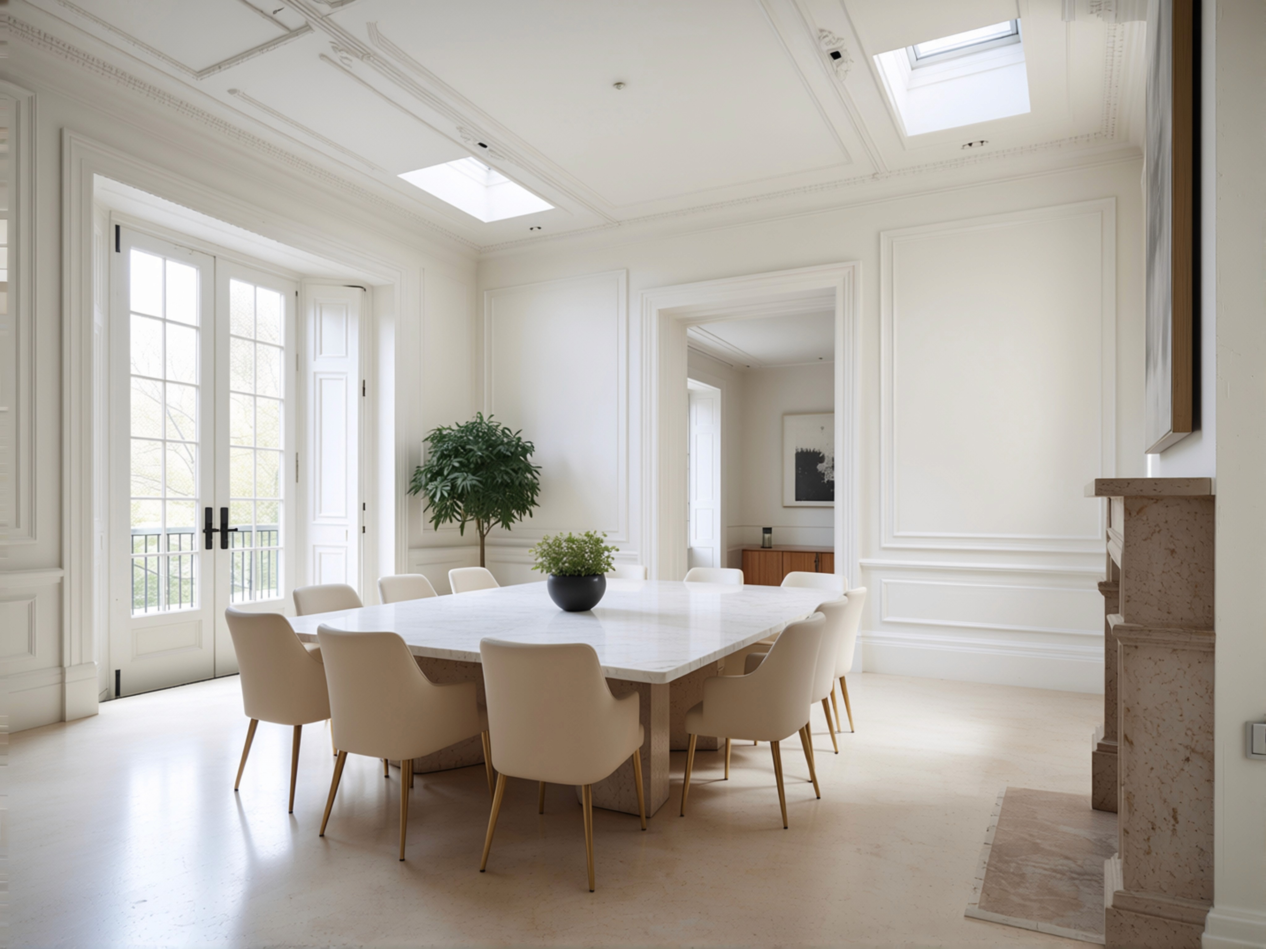 A classic European-style bedroom with ornate ceiling moldings and white paneled walls is shown. A large window on the far wall looks out on green foliage. A large, green upholstered, winged bed is against the wall on the left, which has a two-panel grey and white painting hanging directly above the bed. The bed features light sage green pillows and bedding as well as a small, green upholstered bench at the foot. A sage green knitted throw blanket is at the lower end. On either side of the bed are small, wooden bedside tables, both with lamps with beige-colored shades. The left bedside table has a stack of three small drawers. A larger rug in a shade of grey sits in front of the bed on the grey and white marble-patterned flooring. To the right, against the right wall, are floor-to-ceiling cream cabinets with gold-colored T-bar style handles. A dark grey pot with a green, leafy bush inside is near the corner and next to the window. In front of the window is a white radiator.