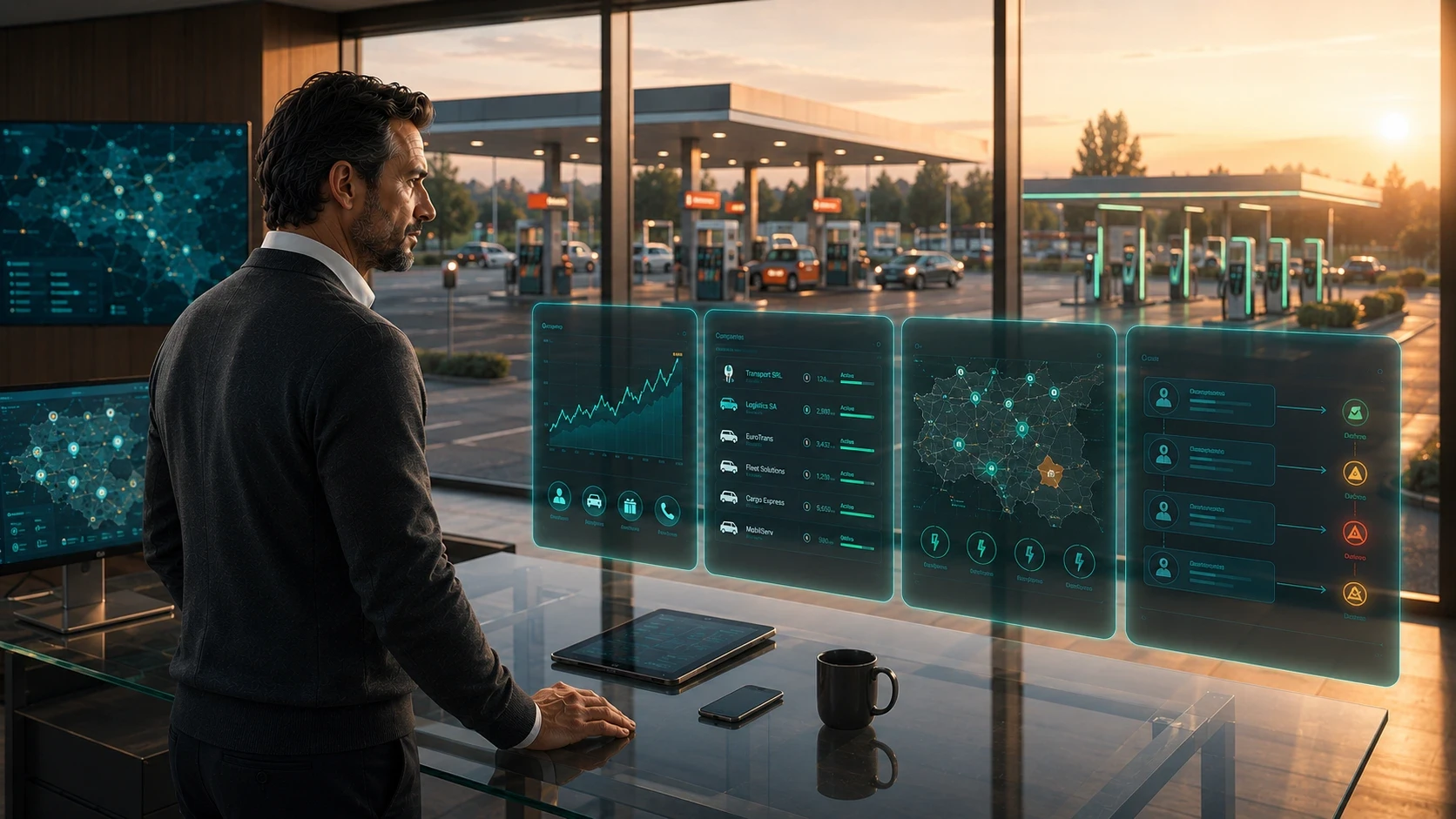 A fuel retail operations manager stands in a modern office overlooking a gas station with fuel pumps and EV charging stations, using an AI-powered operations platform displayed as transparent holographic dashboards. The interface shows station performance trends, fleet customer management, regional network monitoring, service alerts, and operational analytics, while additional screens display connected site maps and network activity. The scene highlights AI-driven fuel retail management, fleet operations, and multi-site performance monitoring in a contemporary enterprise environment.