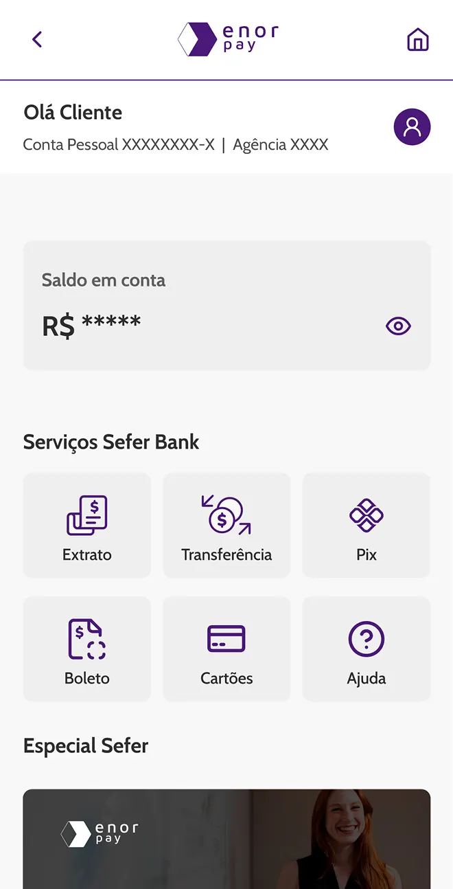 Tela inicial da Enor Pay exibindo saldo oculto, atalhos para extrato, transferência, PIX, boleto, cartões e ajuda.