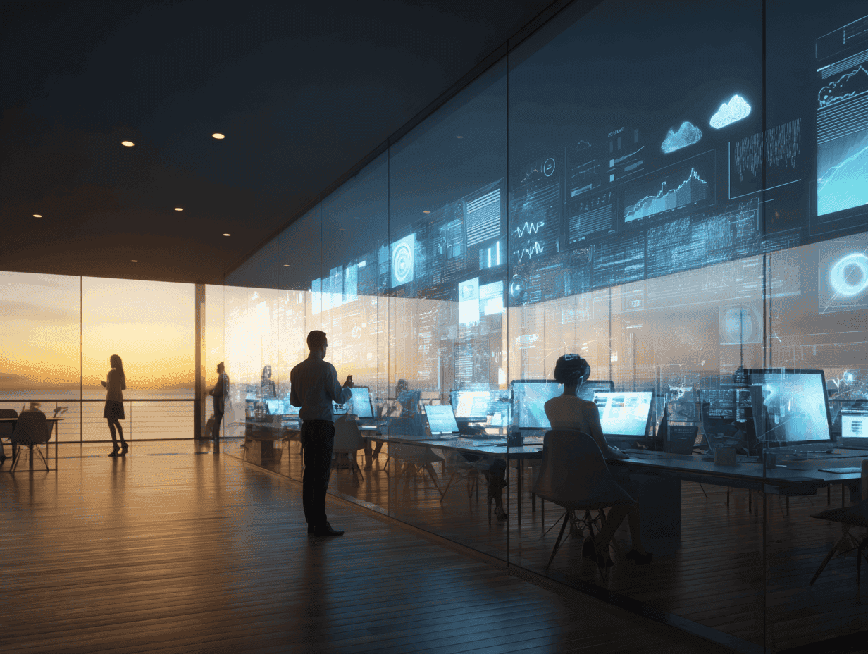 A modern business environment with professionals interacting with digital interfaces, cloud systems, and data visualizations on screens