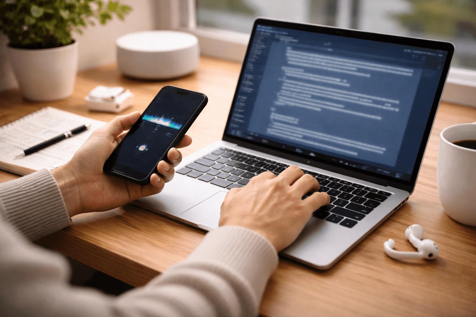 Man multitasking with smartphone and laptop - Best AI for Document Generation