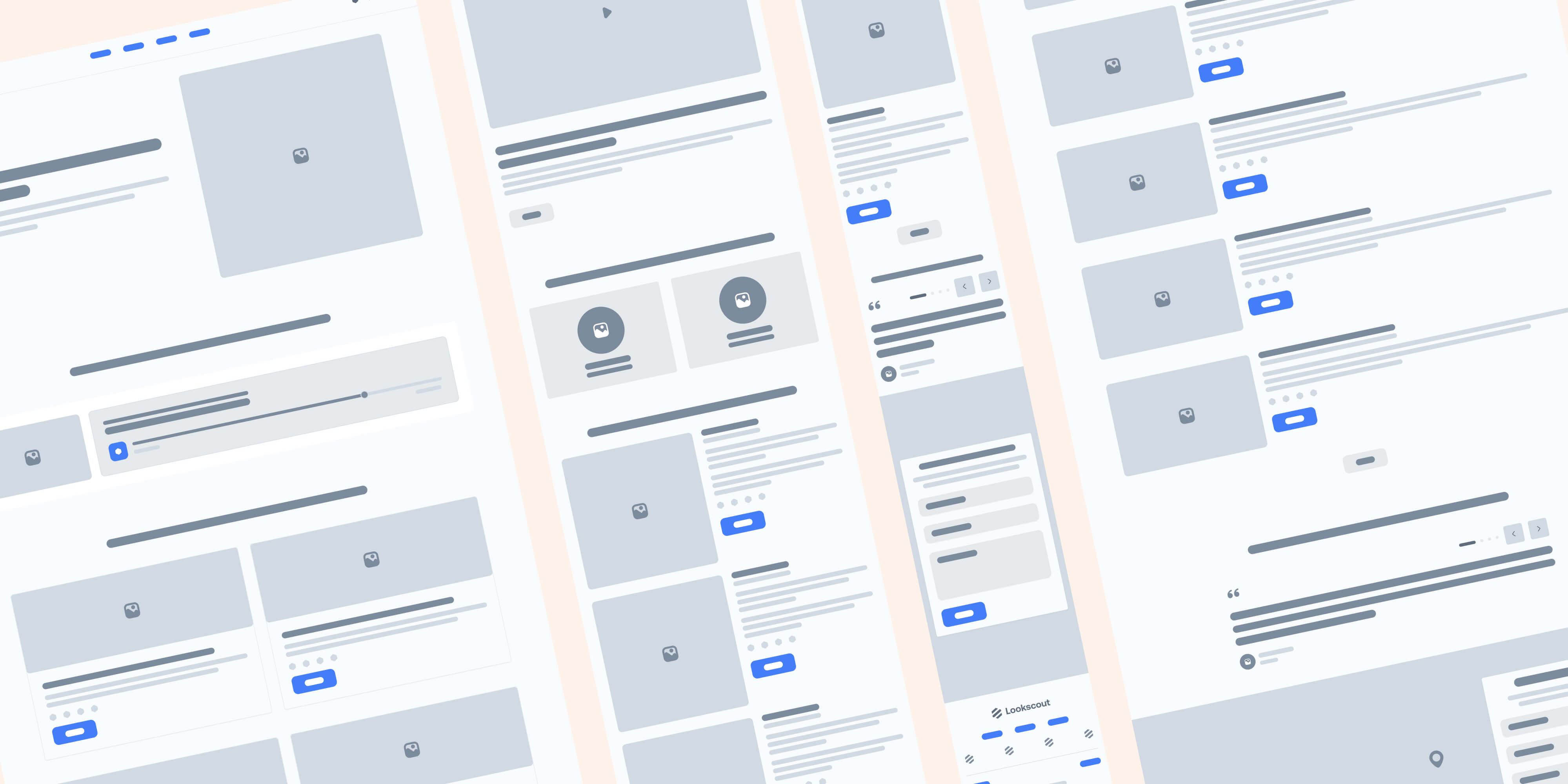 Grayscale wireframe showing the responsive layout of the podcast landing page across mobile, tablet, and desktop. Content blocks include hero, featured episodes, about section, testimonials, and final call-to-action.