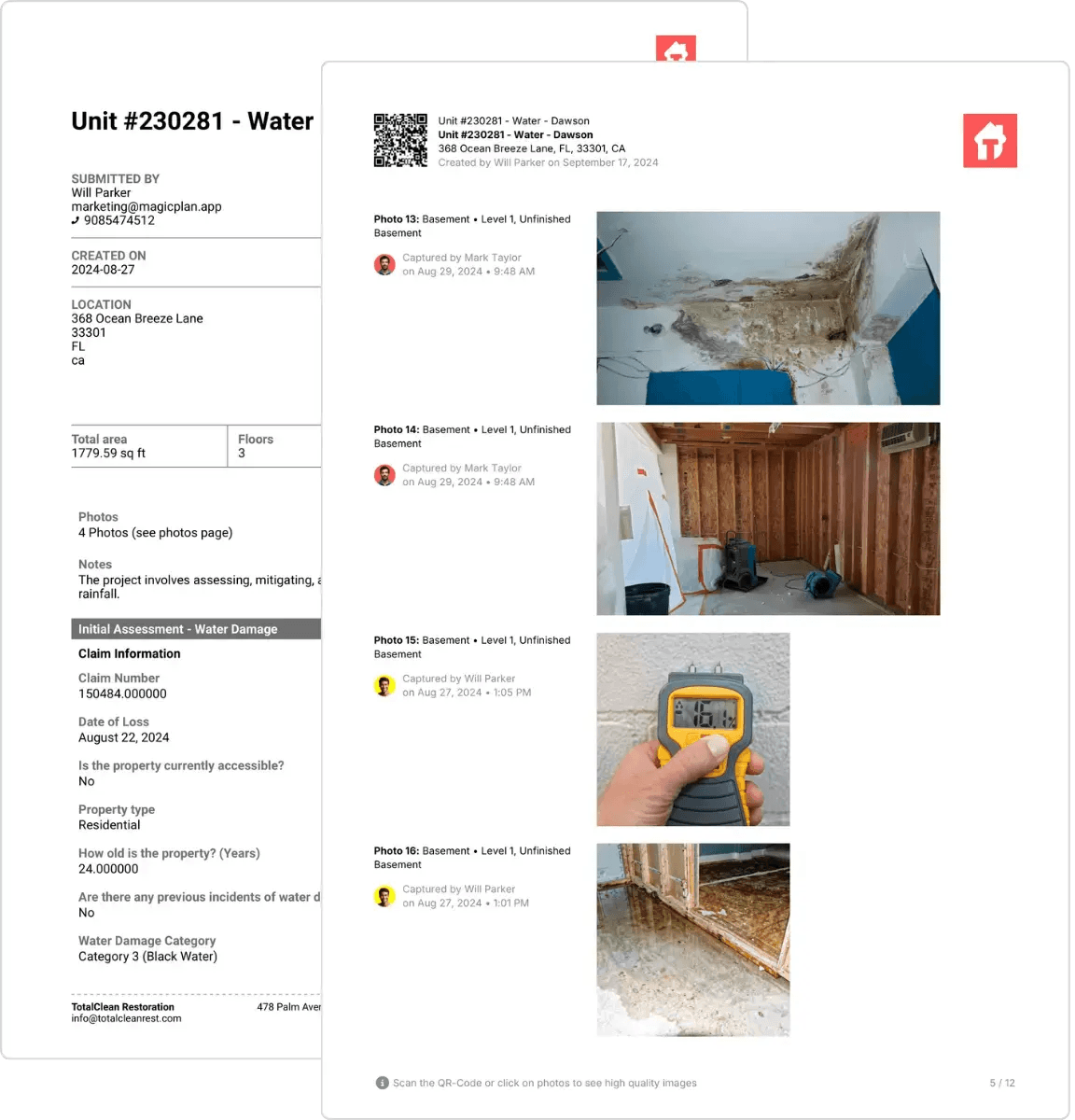 magic plan generated water damage assessment report with photos, measurements, and claim details