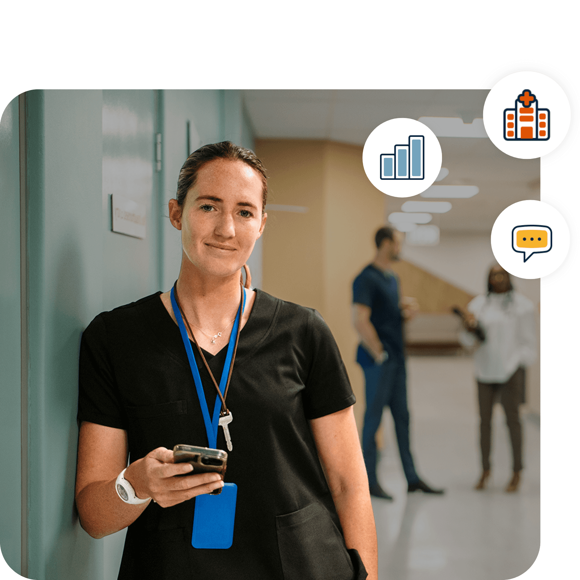 Female health worker holding a phone, with icons superimposed on the image showing a bar chat, hospital, and chat bubble.