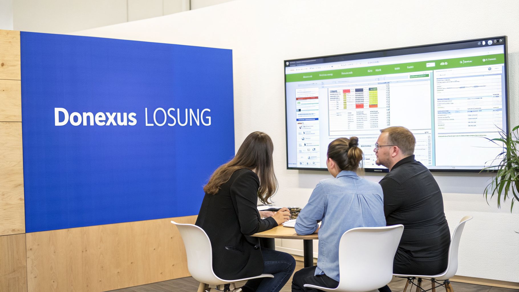Team-Meeting im modernen Büro: Drei Mitarbeiter nutzen die Donexus LOSUNG Software auf einem großen Display.
