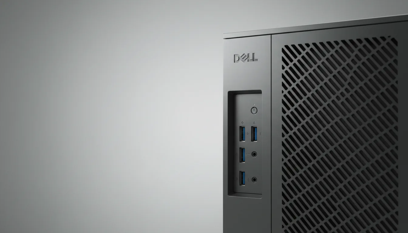 Close-up DSLR product shot of a modern Dell Precision Tower Workstation, positioned on the right side of the frame. Soft studio lighting illuminates the matte charcoal gray metal chassis and the intricate black diagonal grille on the front. The image is captured at a slight low angle against a clean, minimalist light gray gradient background, with sharp focus on the details of the front I/O ports.