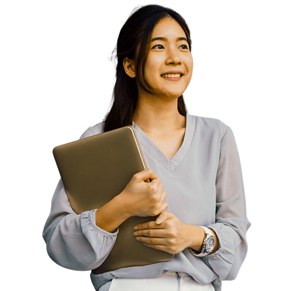 a woman in a business suit holding a laptop (Background Removed)