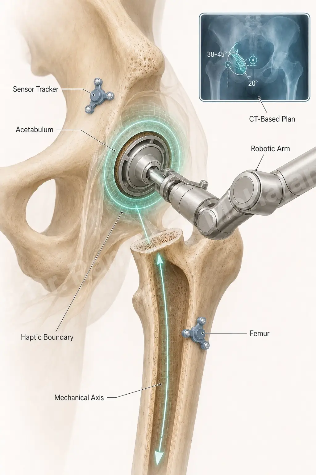 Robotic arm performing a CT-planned, haptic-bounded total hip replacement with sensor-tracked precision.