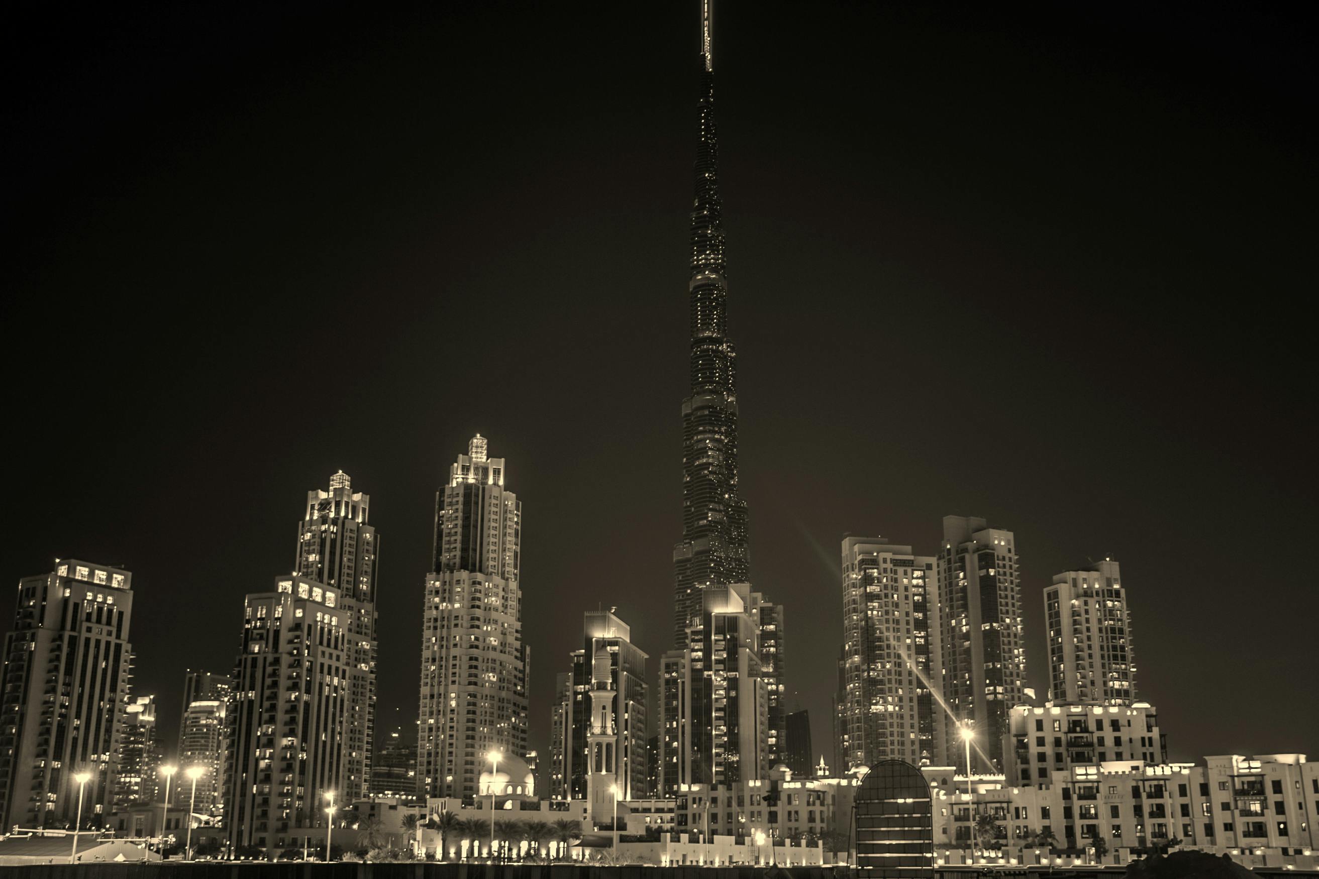 Dubai downtown skyline at night, black and white, Burj Khalifa
