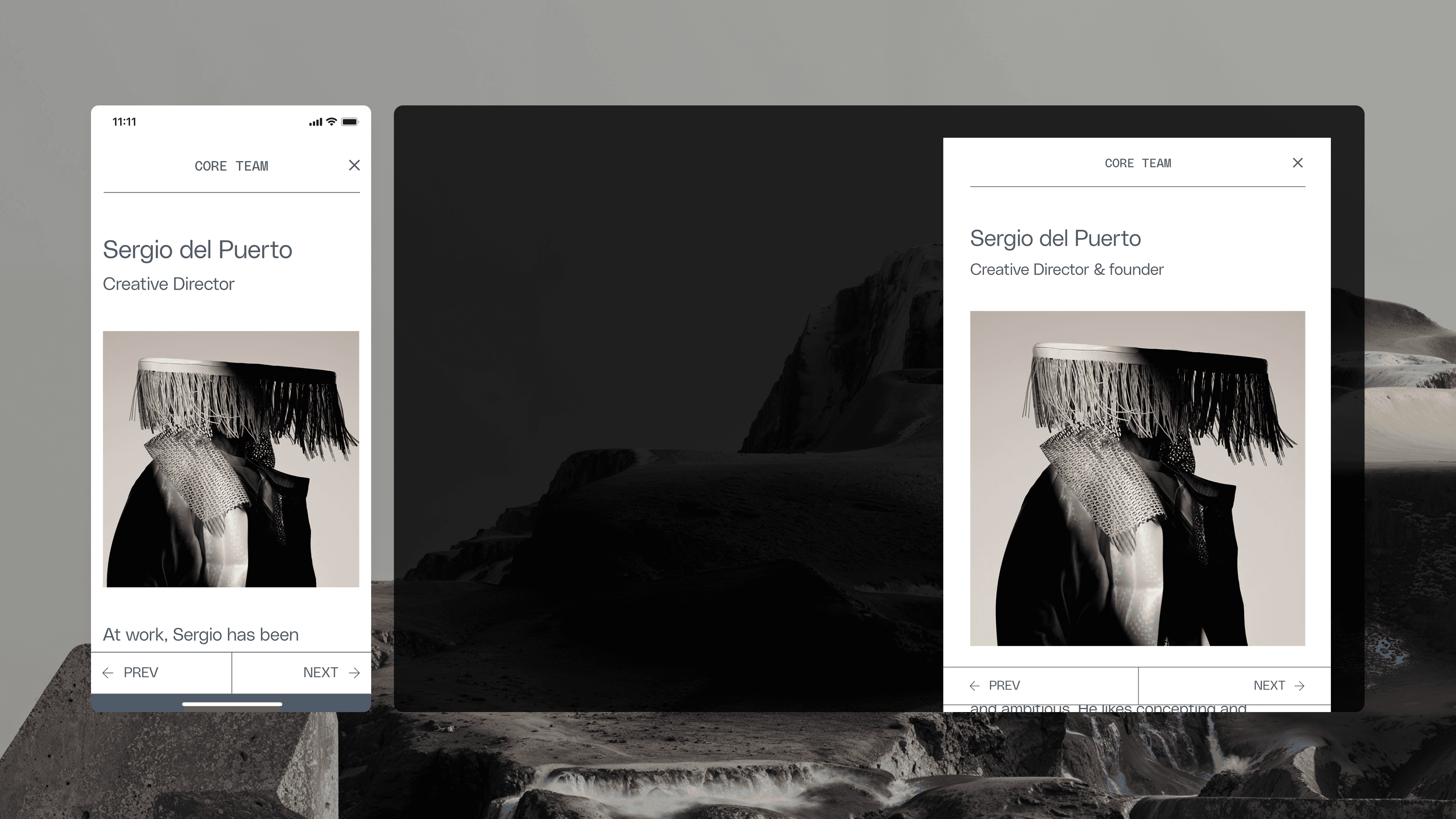 UI design for team profiles, featuring clean typography and structured data layouts.