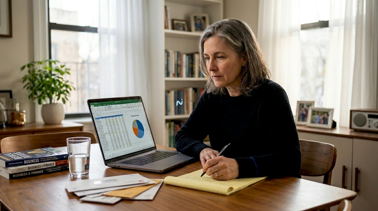 Trader calculating probabilities at home table