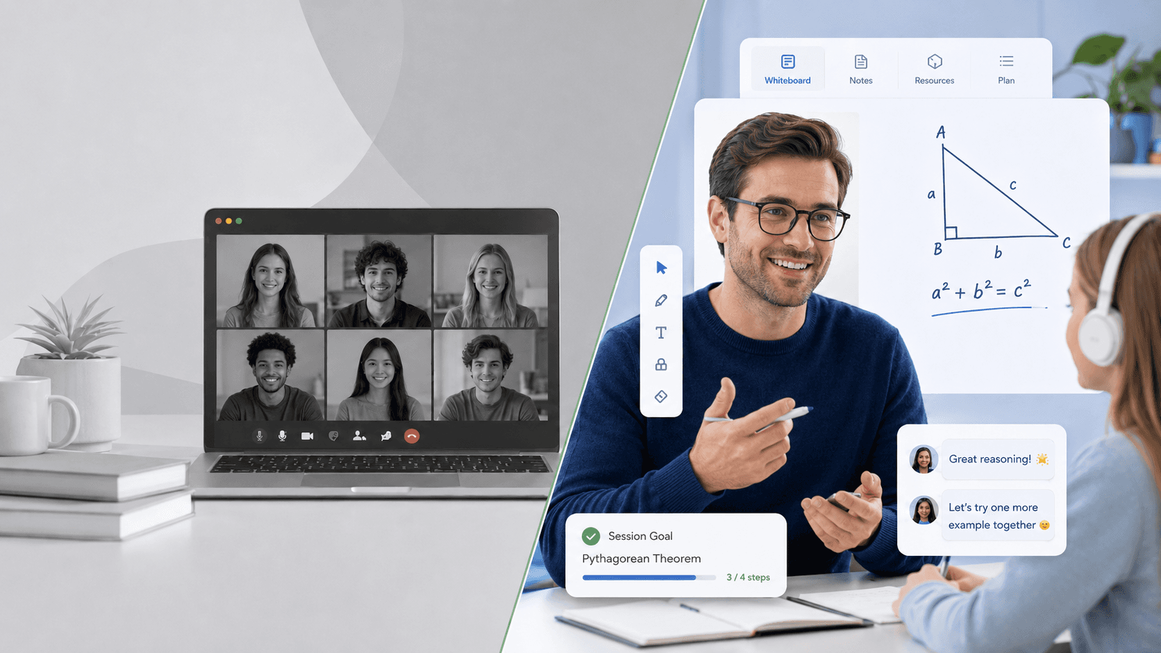 Online tutor using a virtual classroom platform with video, whiteboard, and tutoring tools