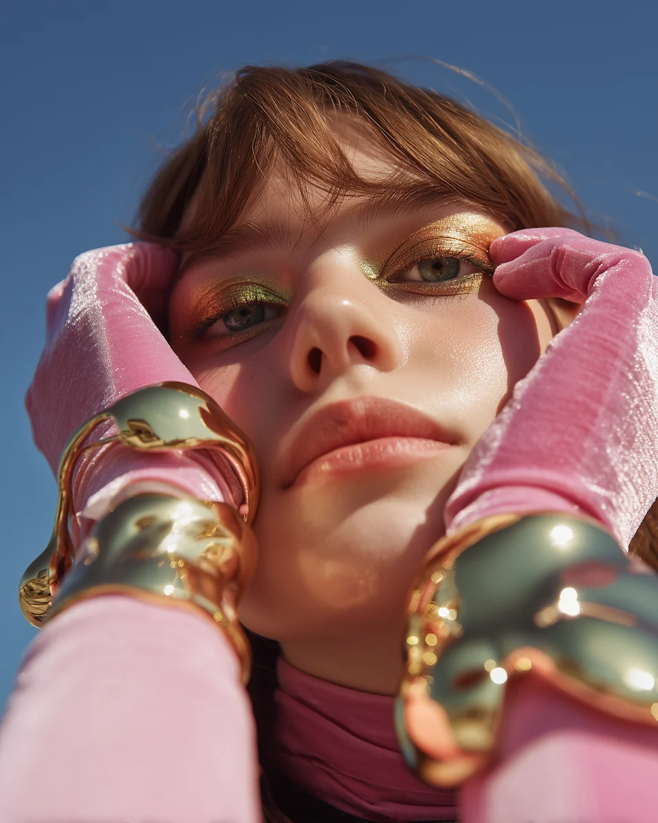 Close-up of a woman with shimmering gold-green eyeshadow, pink gloves, and bold gold bracelets against a clear blue sky.