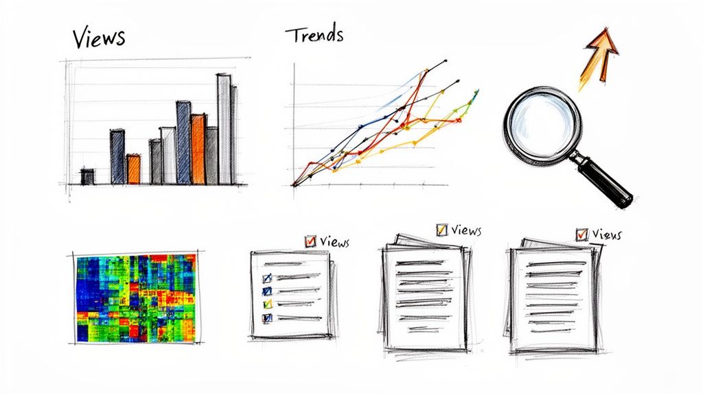 Hand-drawn charts and documents illustrating views, trends, and data analysis concepts for knowledge management.