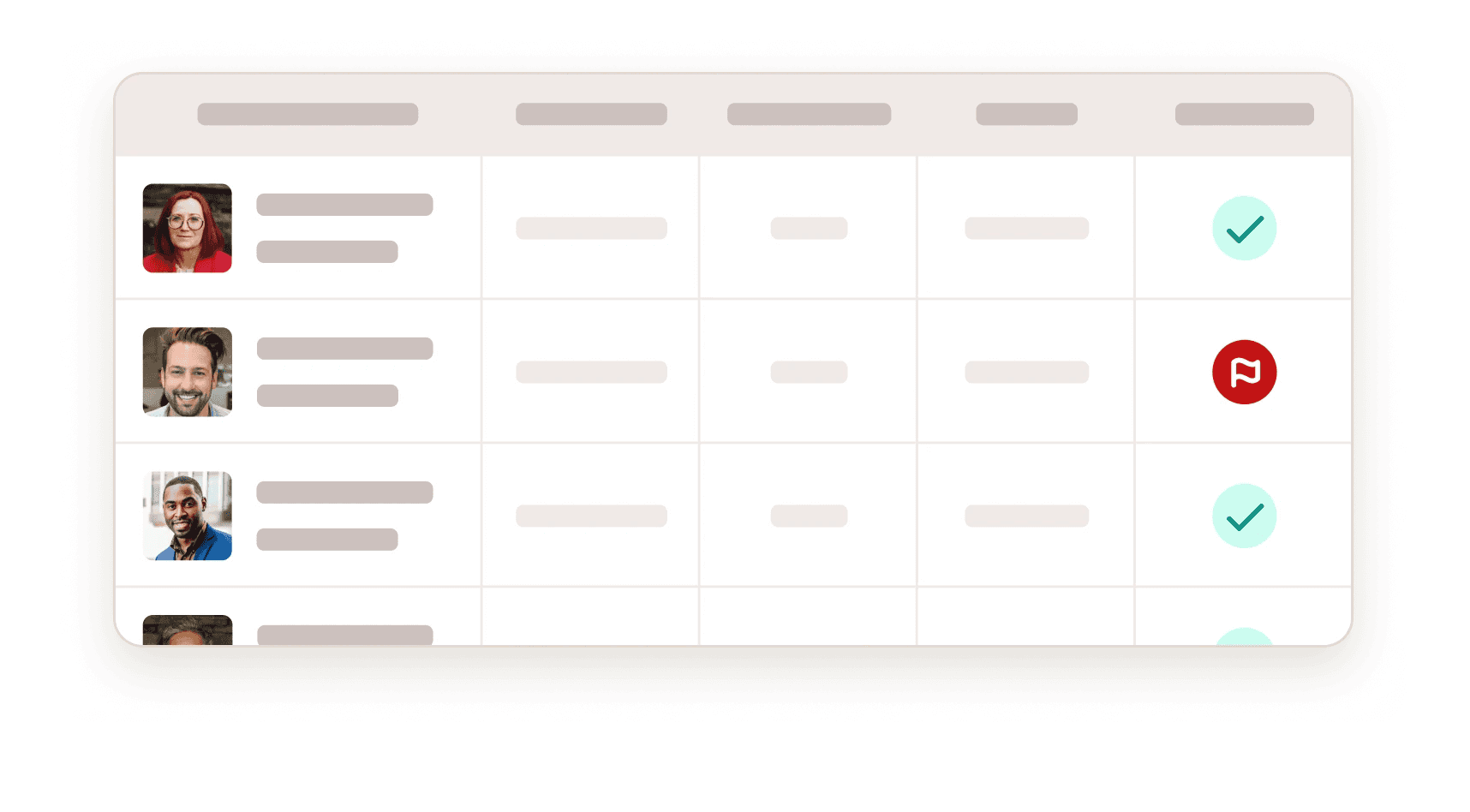Dashboard table displaying research participants with status indicators and permissions