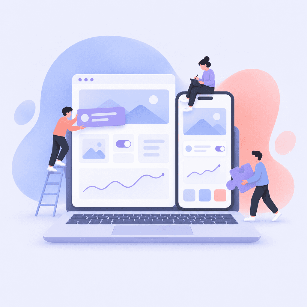Illustration of a team building web and app products together
