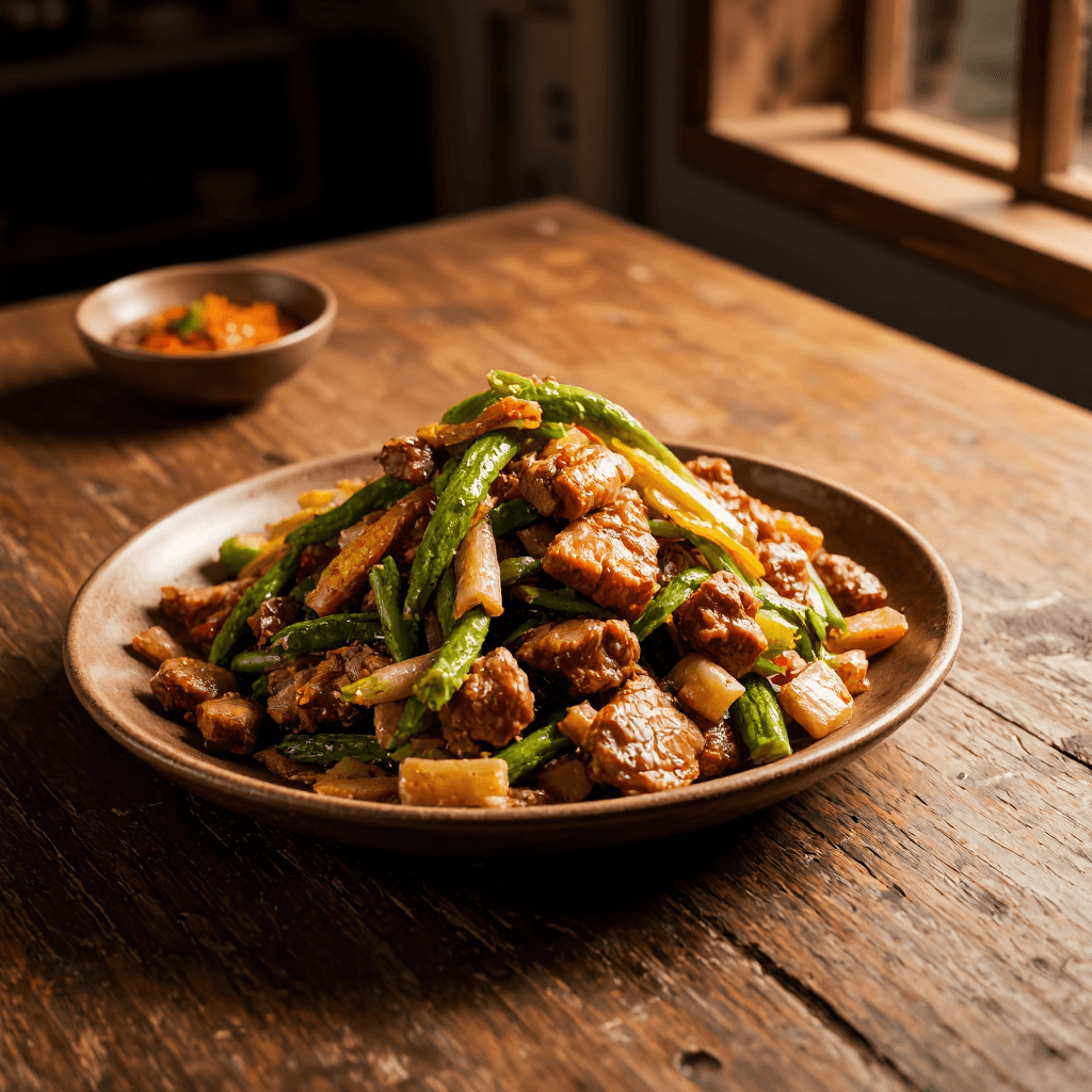 product photography of a plate of stir-fried meat and vegetables