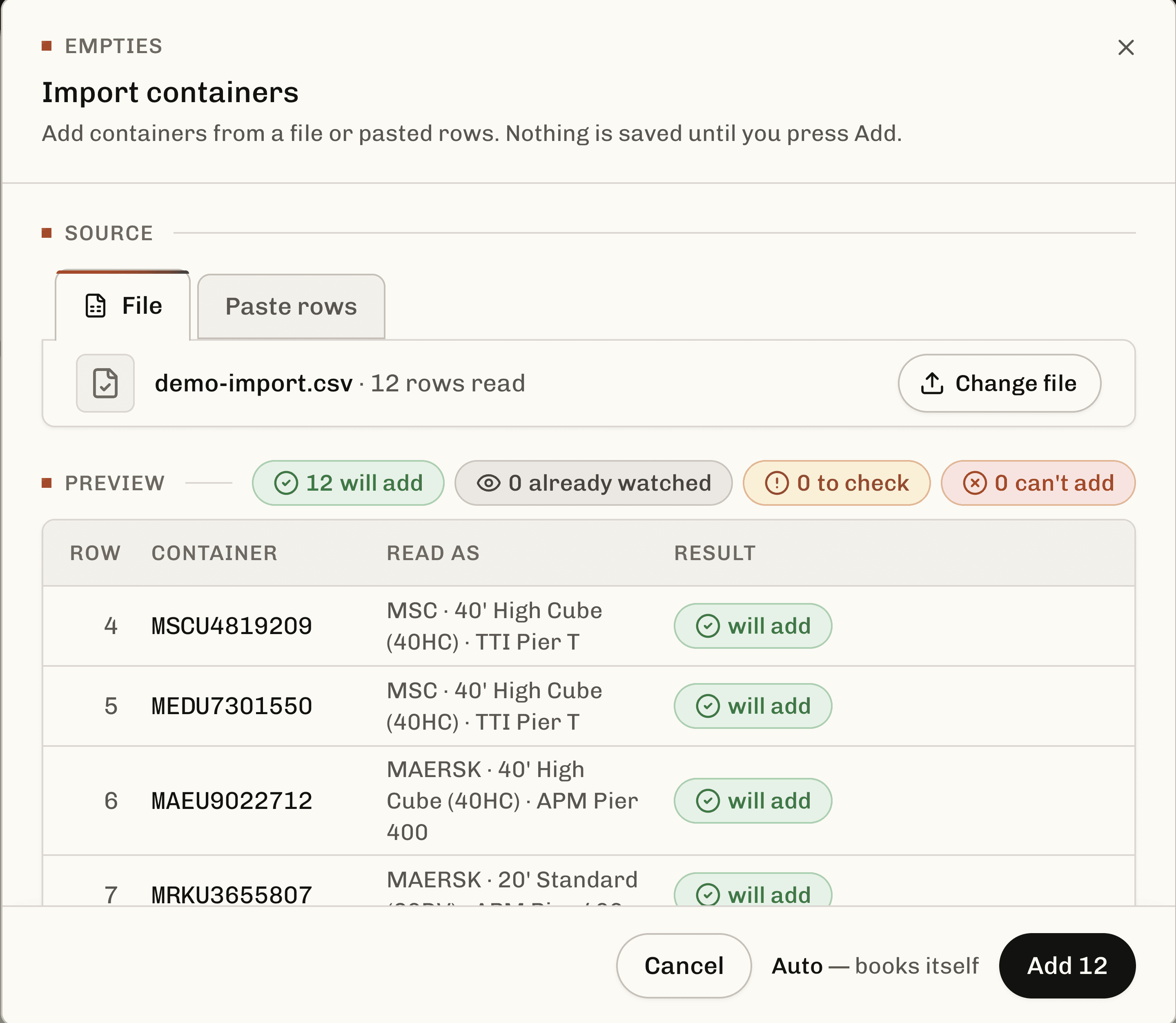 CargoPing Import containers dialog: 12 rows read from a CSV export, every one marked will add