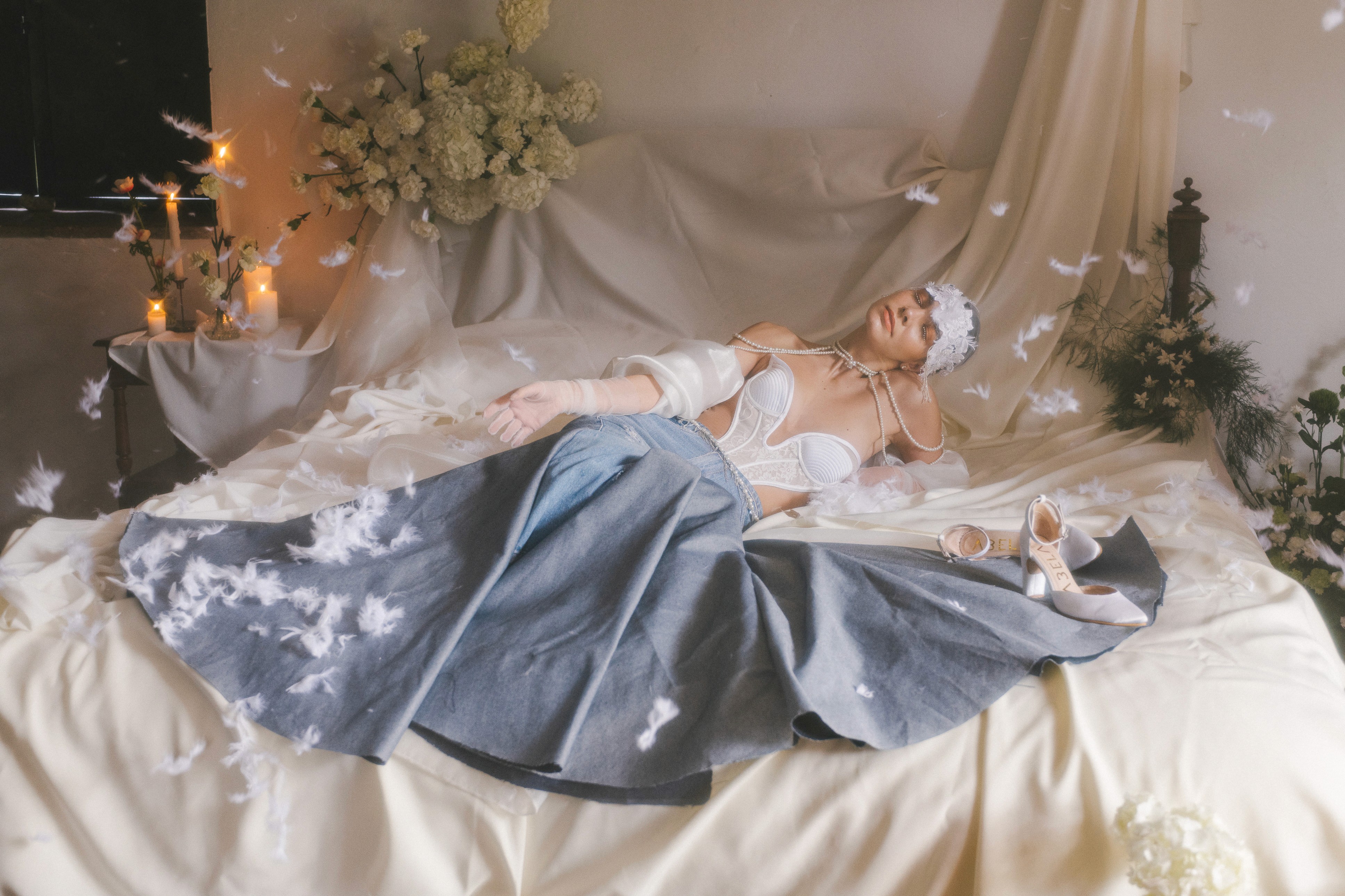 Artistic fashion portrait with colorful floral and avant-garde wallpaper