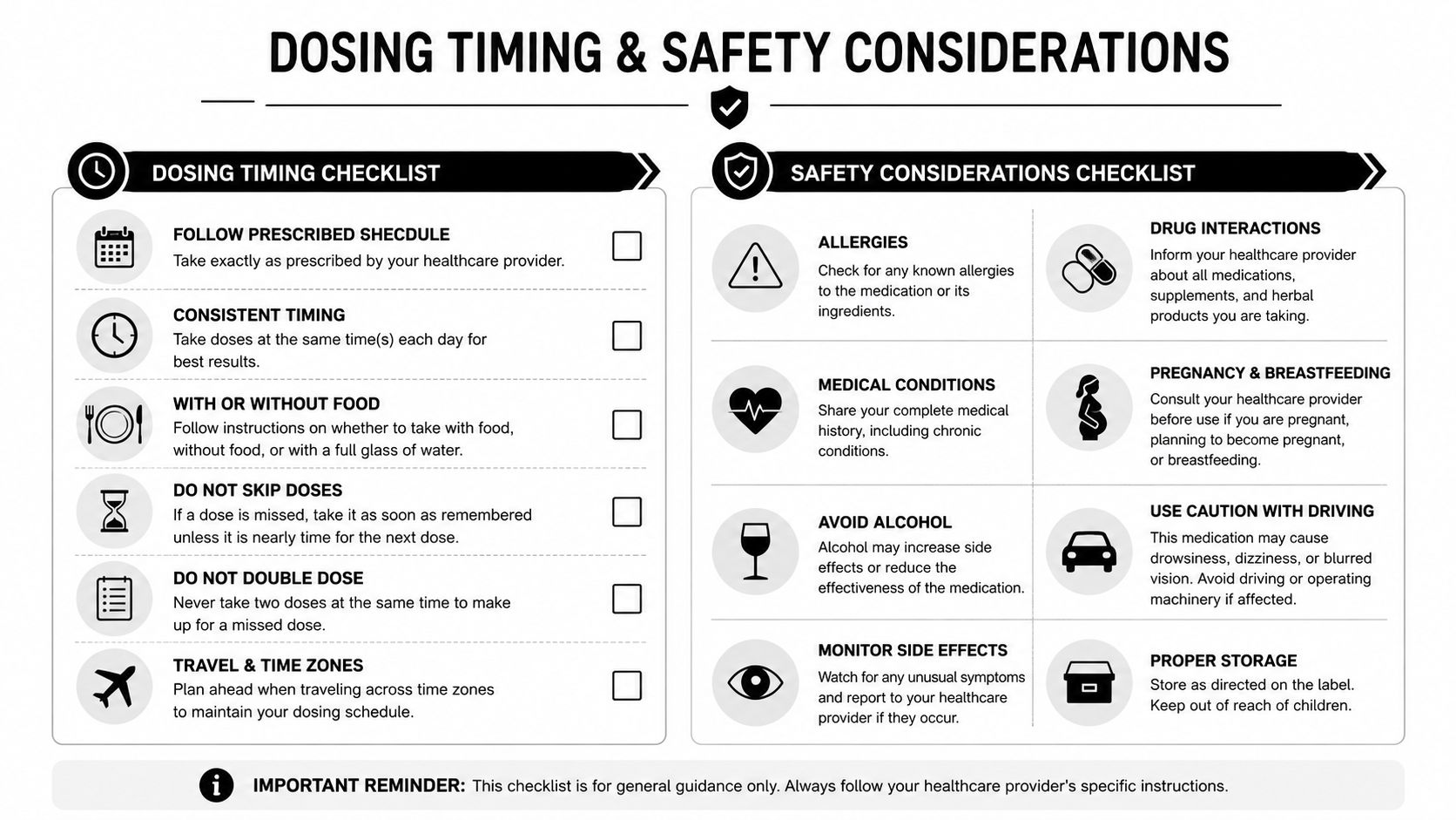 A checklist infographic detailing important dosing timing and safety considerations for taking medications and supplements.