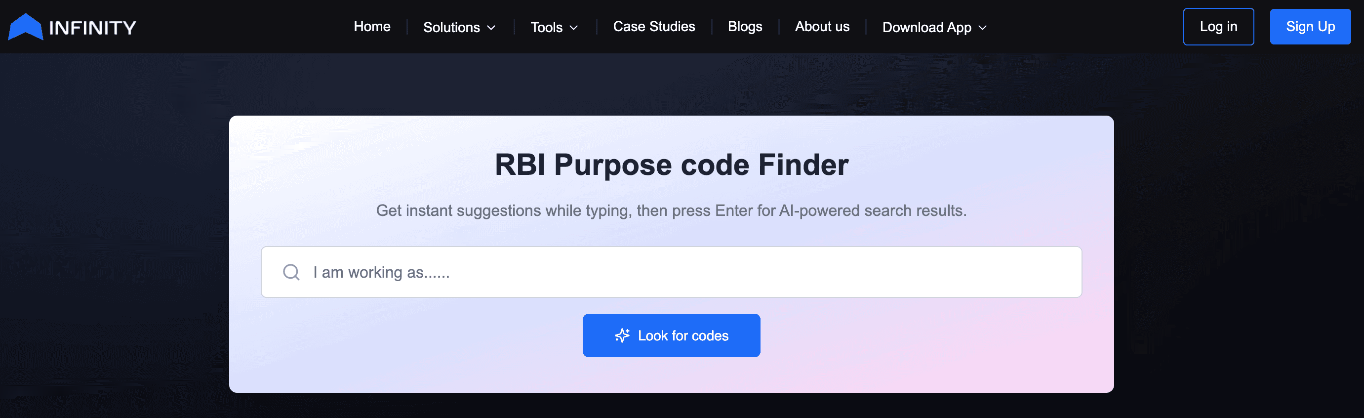 Infinity purpose code finder