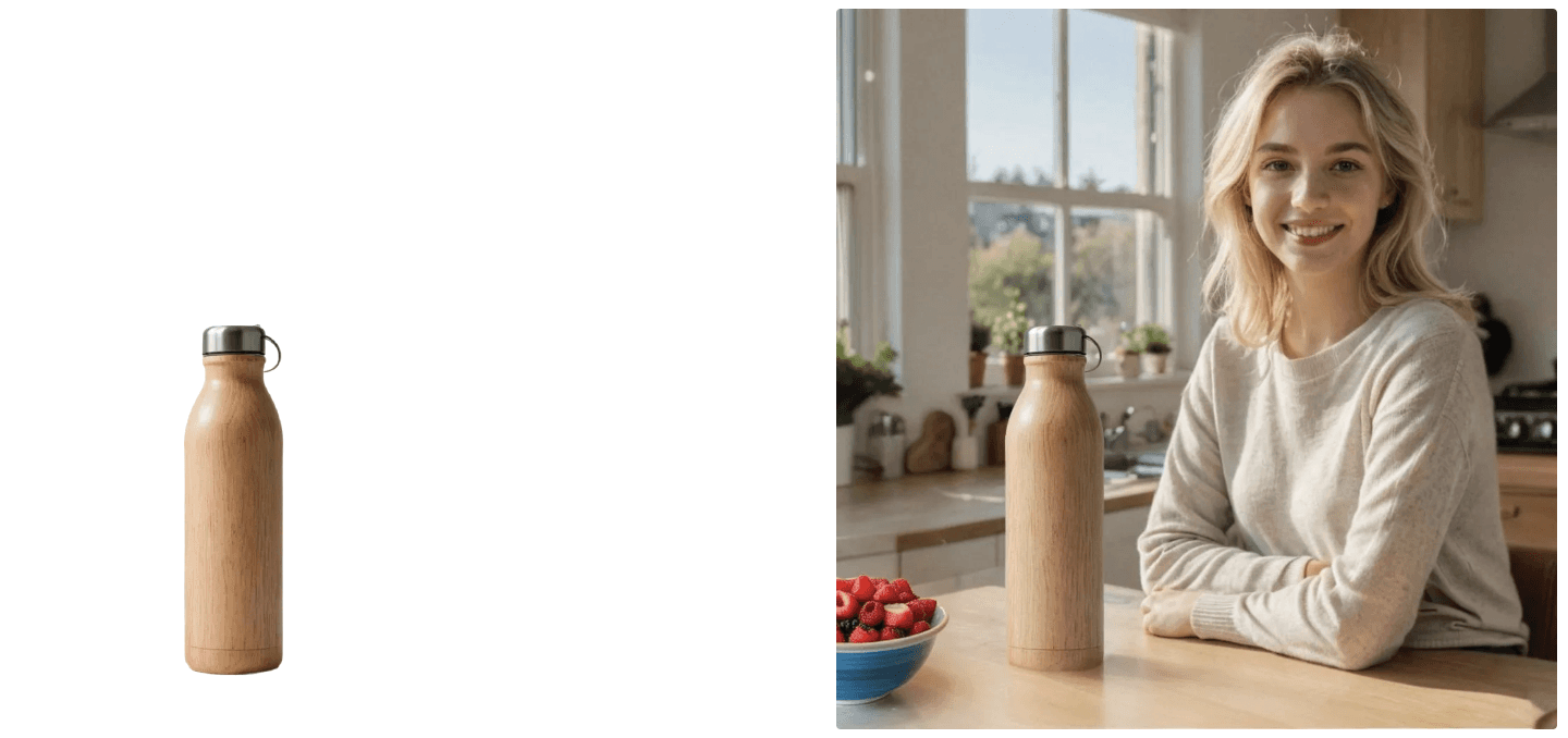 wooden bottle on a plain background and also with a blone woman sat in a kitchen