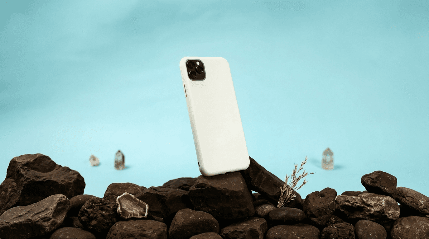 White phone case on rocks against blue background