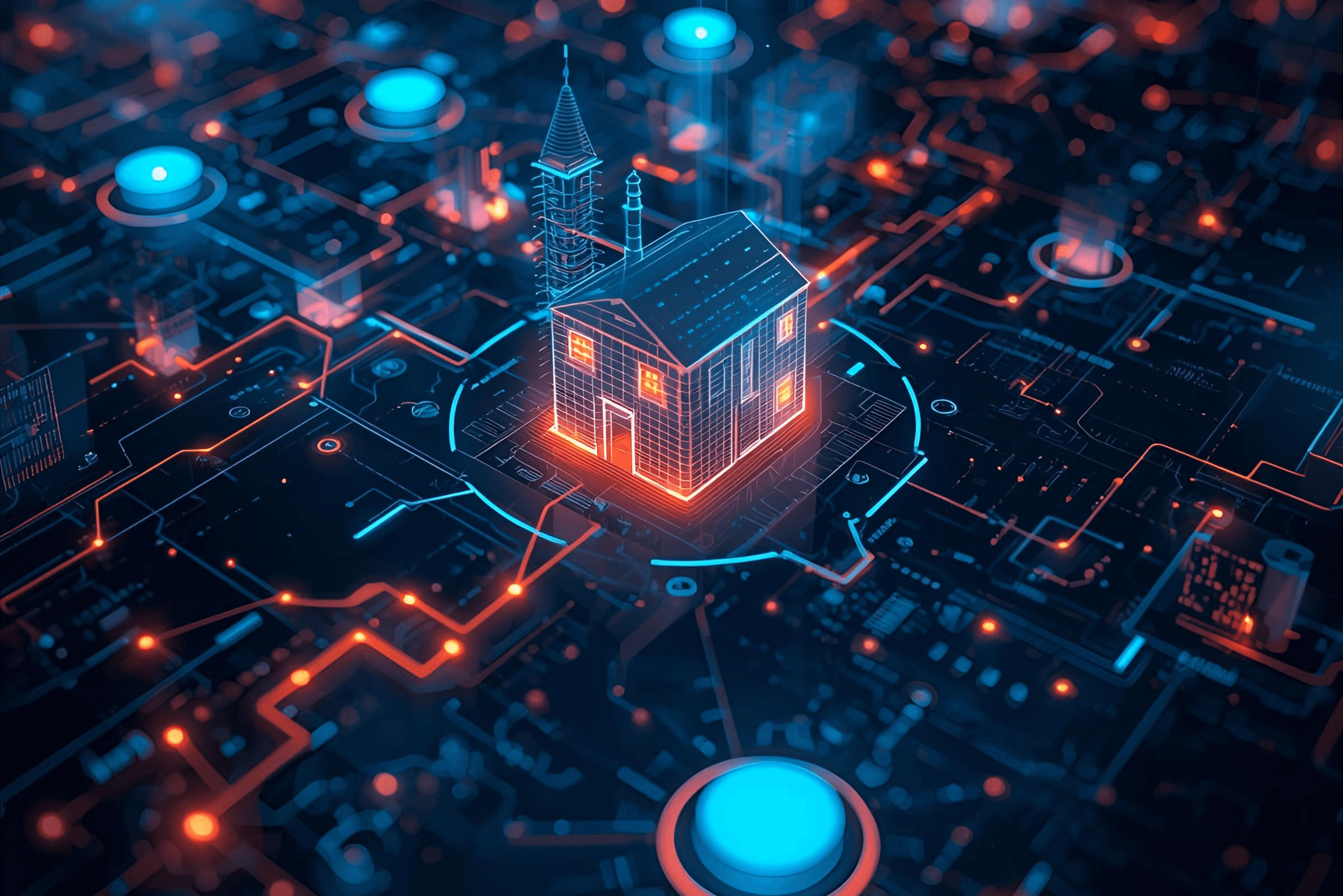 Illustrated house glowing within a digital circuit network, representing connected commerce infrastructure, technology-enabled distribution, and integrated marketplace logistics.