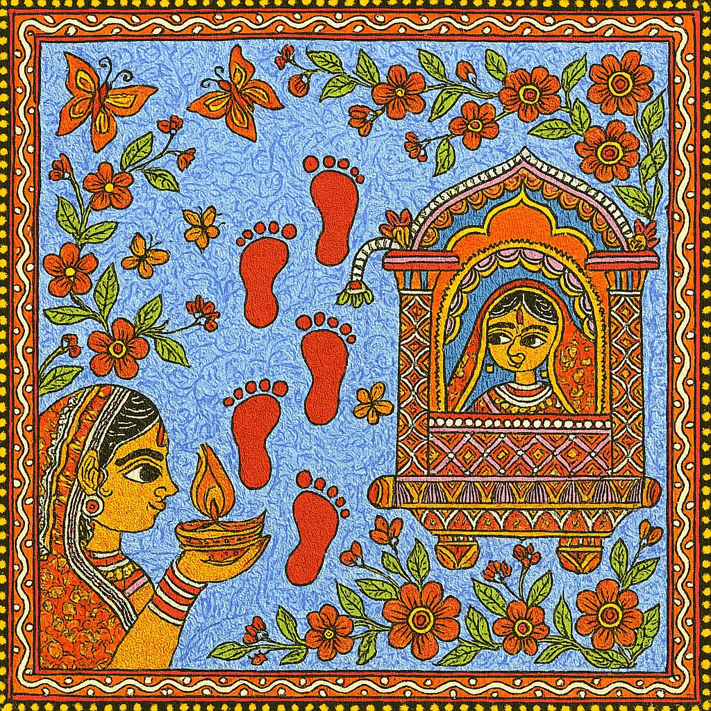 symbolic depiction of bride going with doli, bride, mother and feet of lakshmi