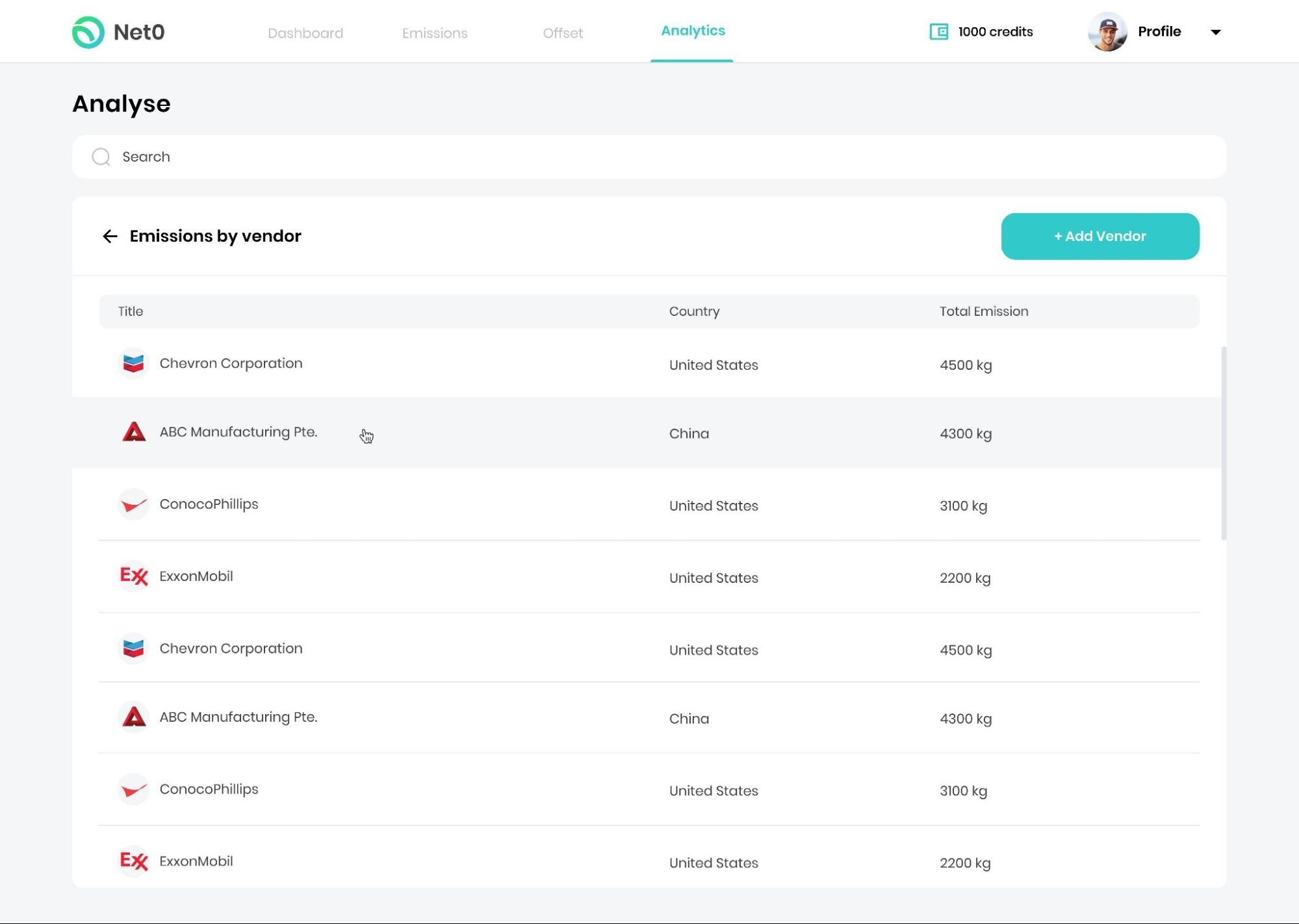 carbon emissions vendor screen on accounting platform