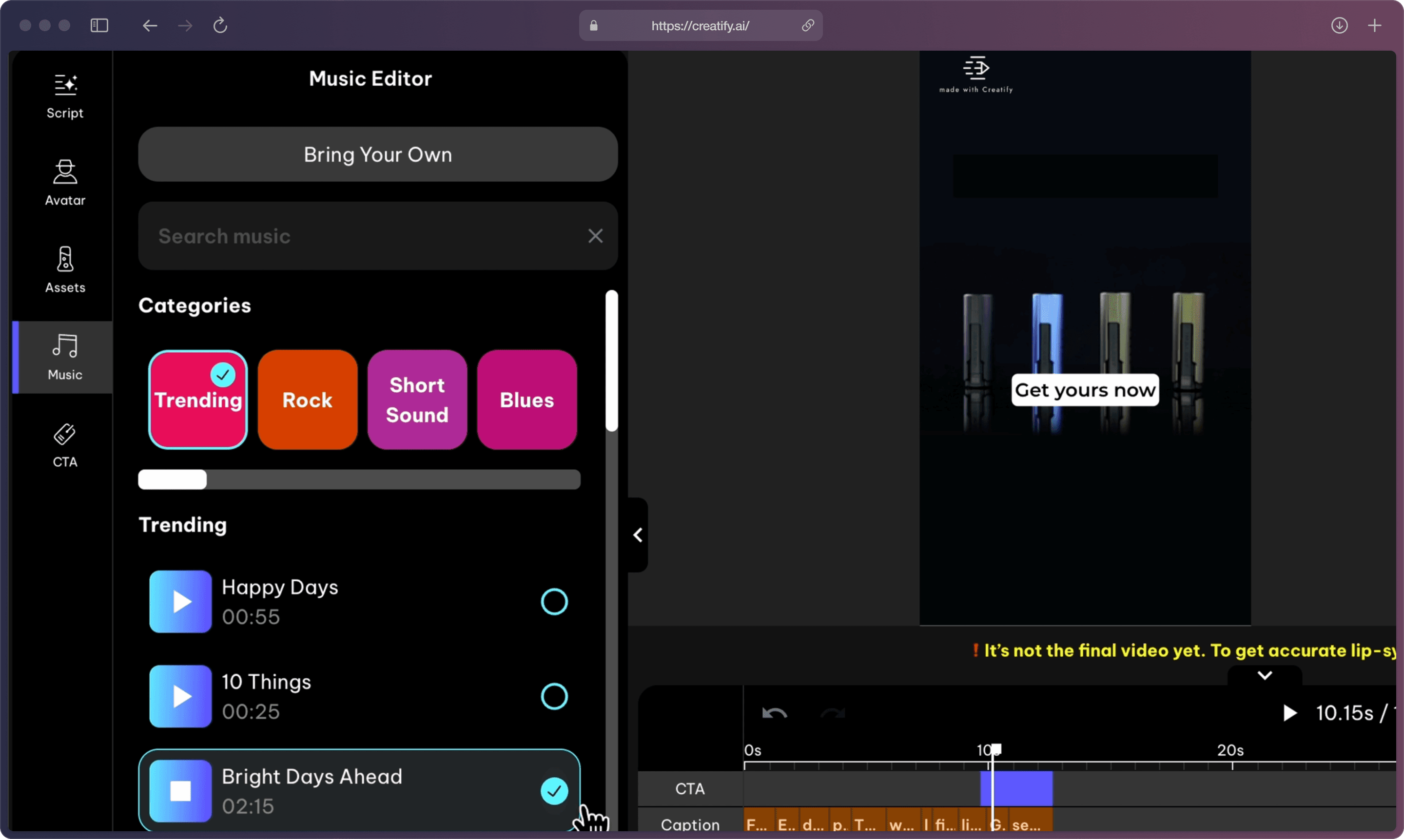 A screenshot of Creatify AI app’s Editor page showing several tools on the left, expanded on “Music” feature showing multiple music genres and songs with cursor hovering on one of the songs.