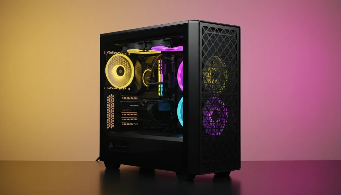 DSLR studio product shot of a sleek, black high-performance workstation PC, Corsair Vengeance style. The matte black tower features a distinctive triangular perforated mesh front panel and a clear tempered glass side. Internal components, including a liquid cooler and fans, are illuminated by vibrant RGB lighting in yellow, cyan, and purple. The PC is set against a clean, textured gradient background that transitions from warm yellow to bright magenta-pink, captured with soft studio lighting and sharp focus.