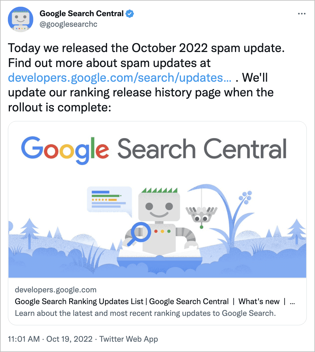 Google October 2022 Spam Announcement on Twitter