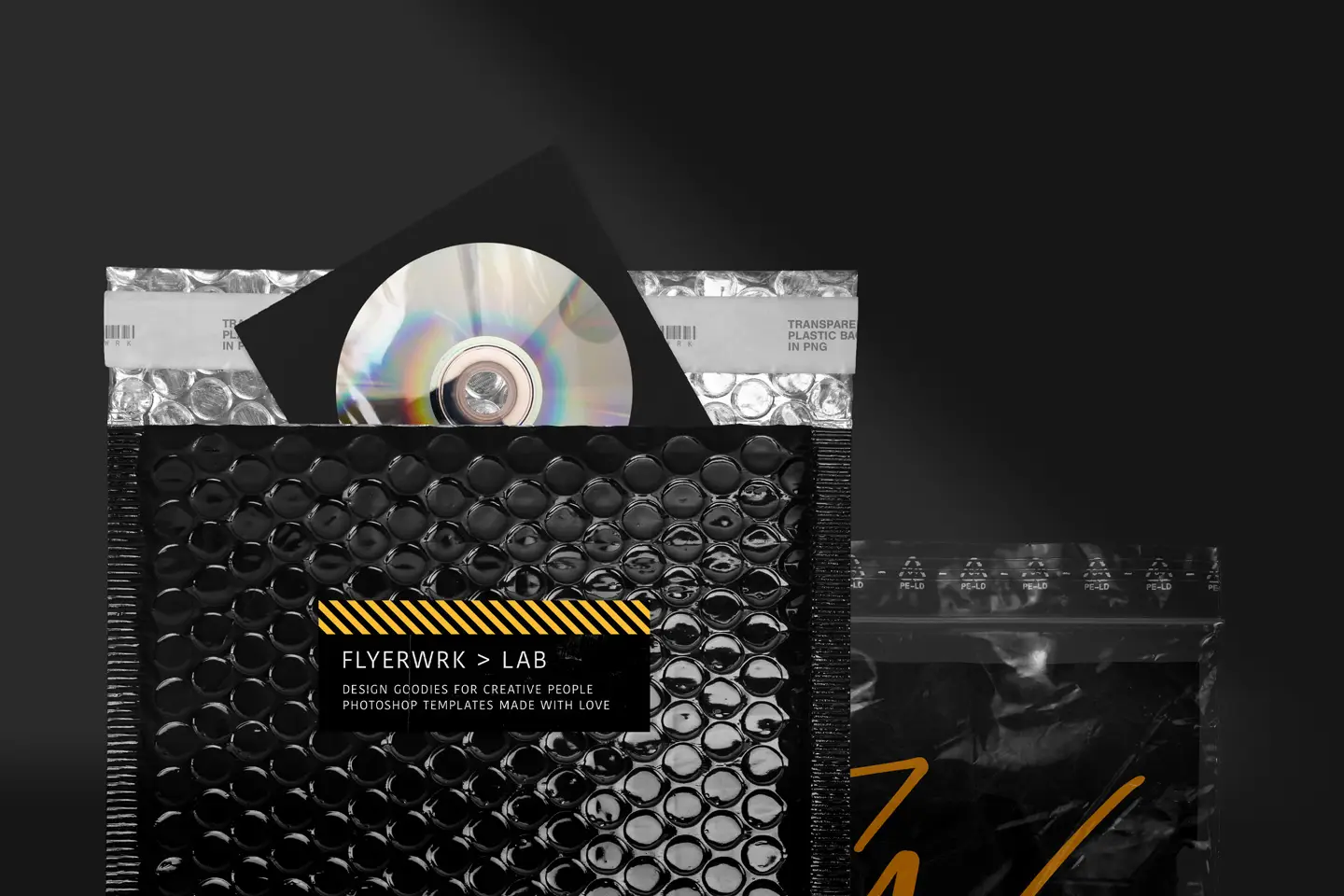 Isolated Empty Plastic Bags featuring a black bubble mailer and transparent baggie with CD mockup