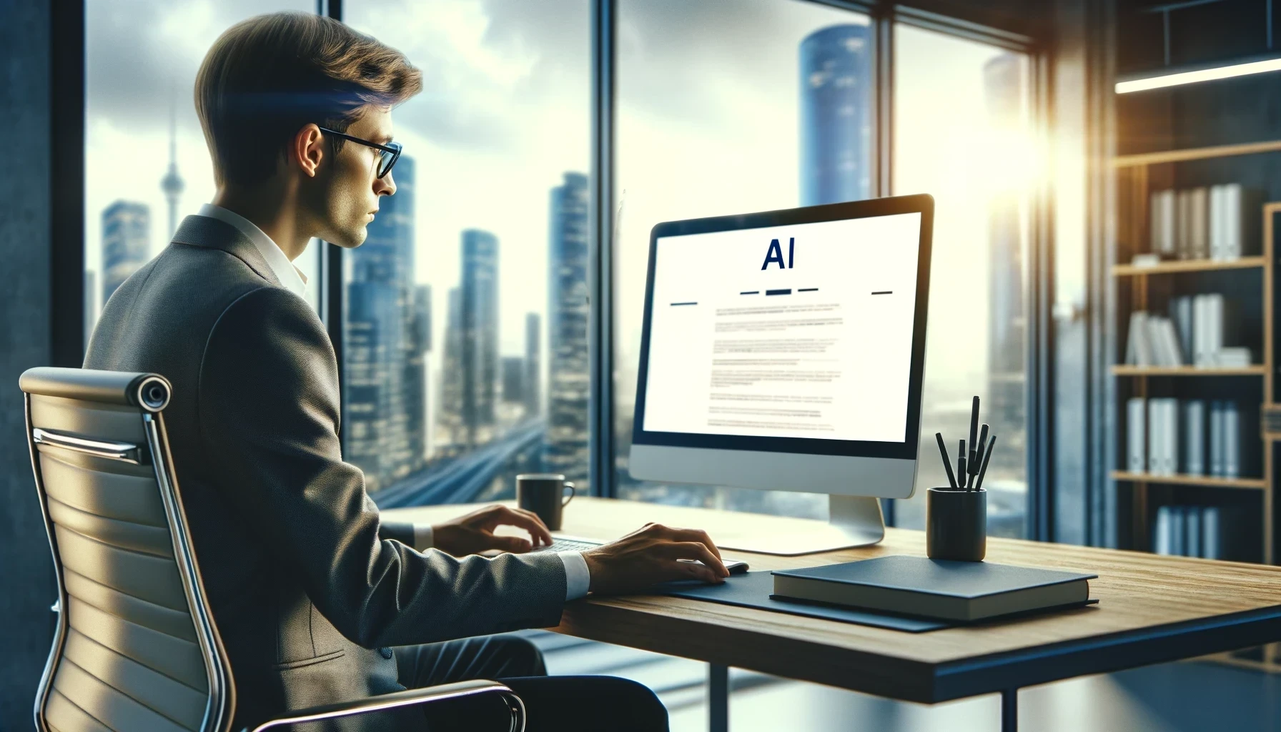 A man in glasses working at a desk with a large monitor displaying text, in a high-rise office overlooking a cityscape.