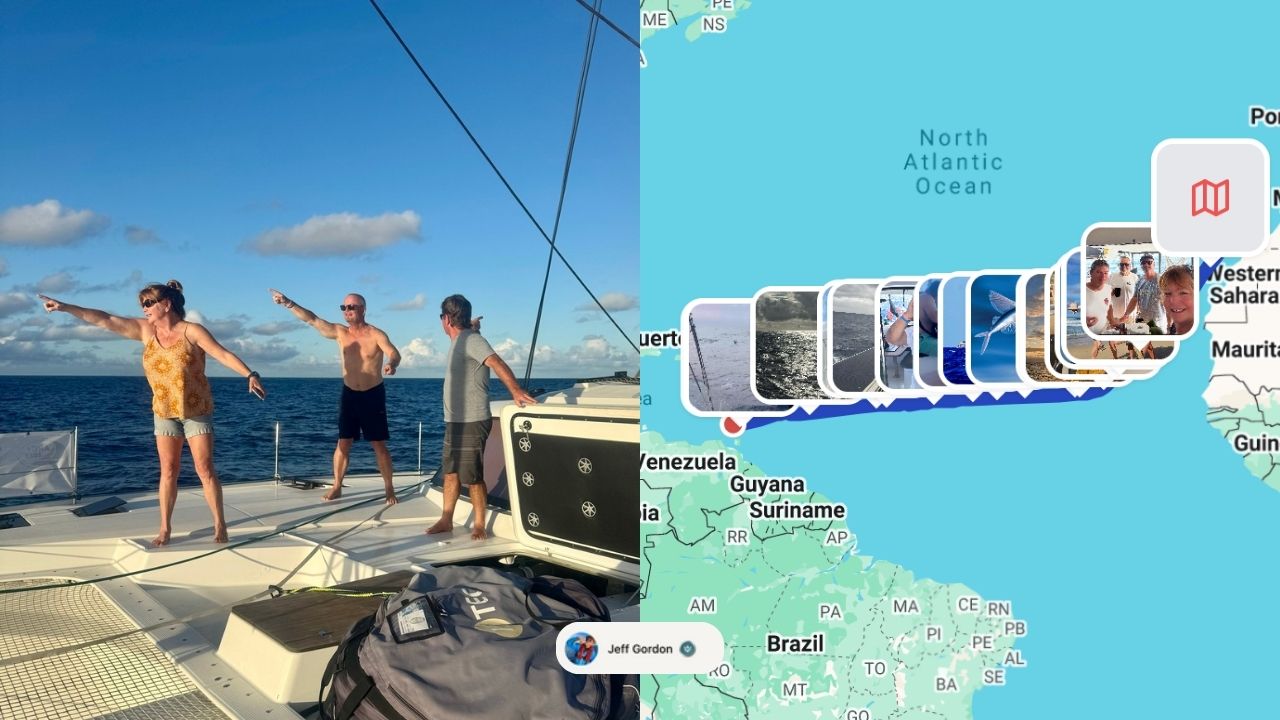 Three people on a catamaran crossing the Atlantic from Tenerife to Grenada