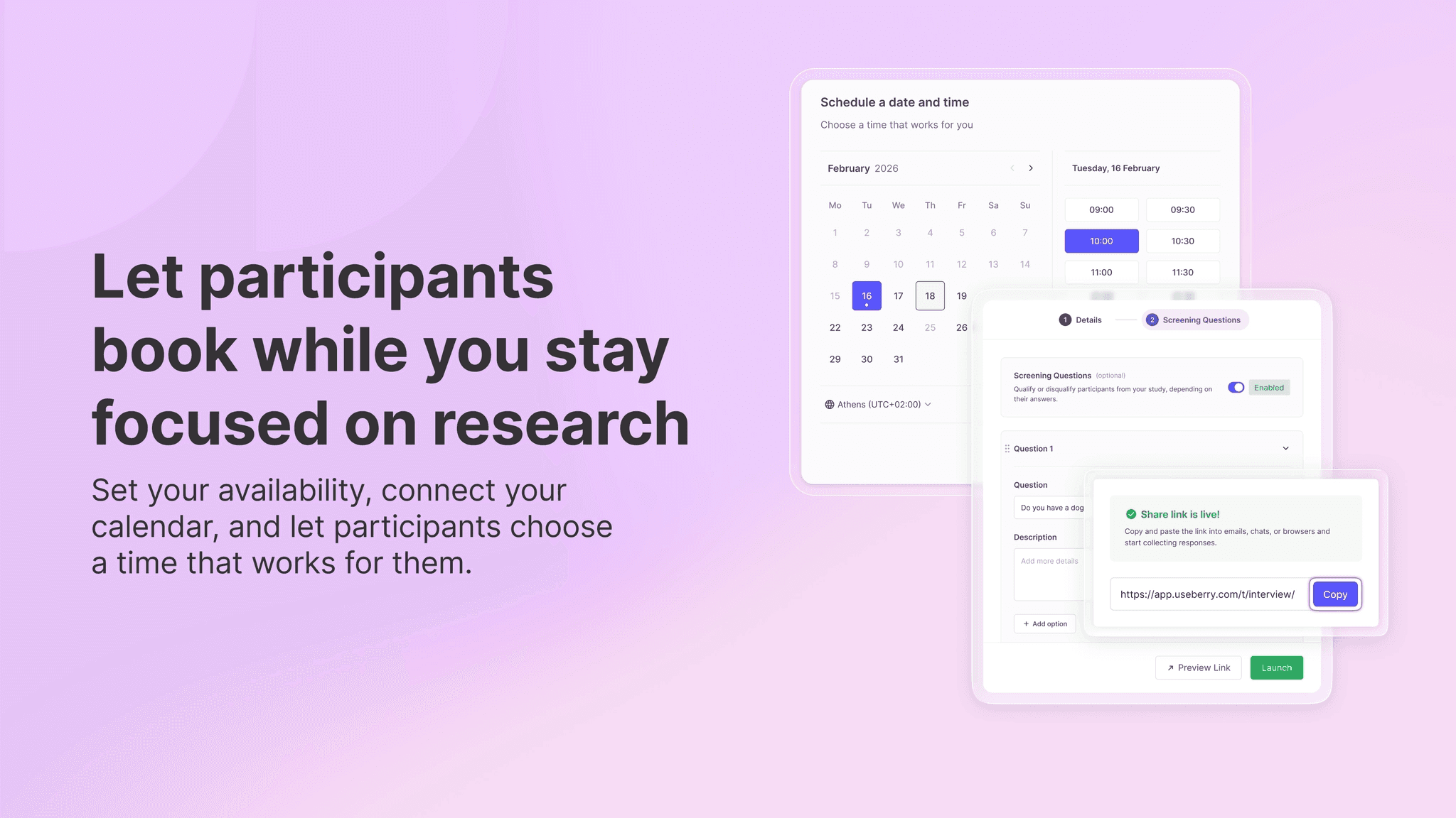 Highlighting the easy booking features of Useberry Interviews. Showing how easy it is to open up slots, book, and join a meeting smoothly.