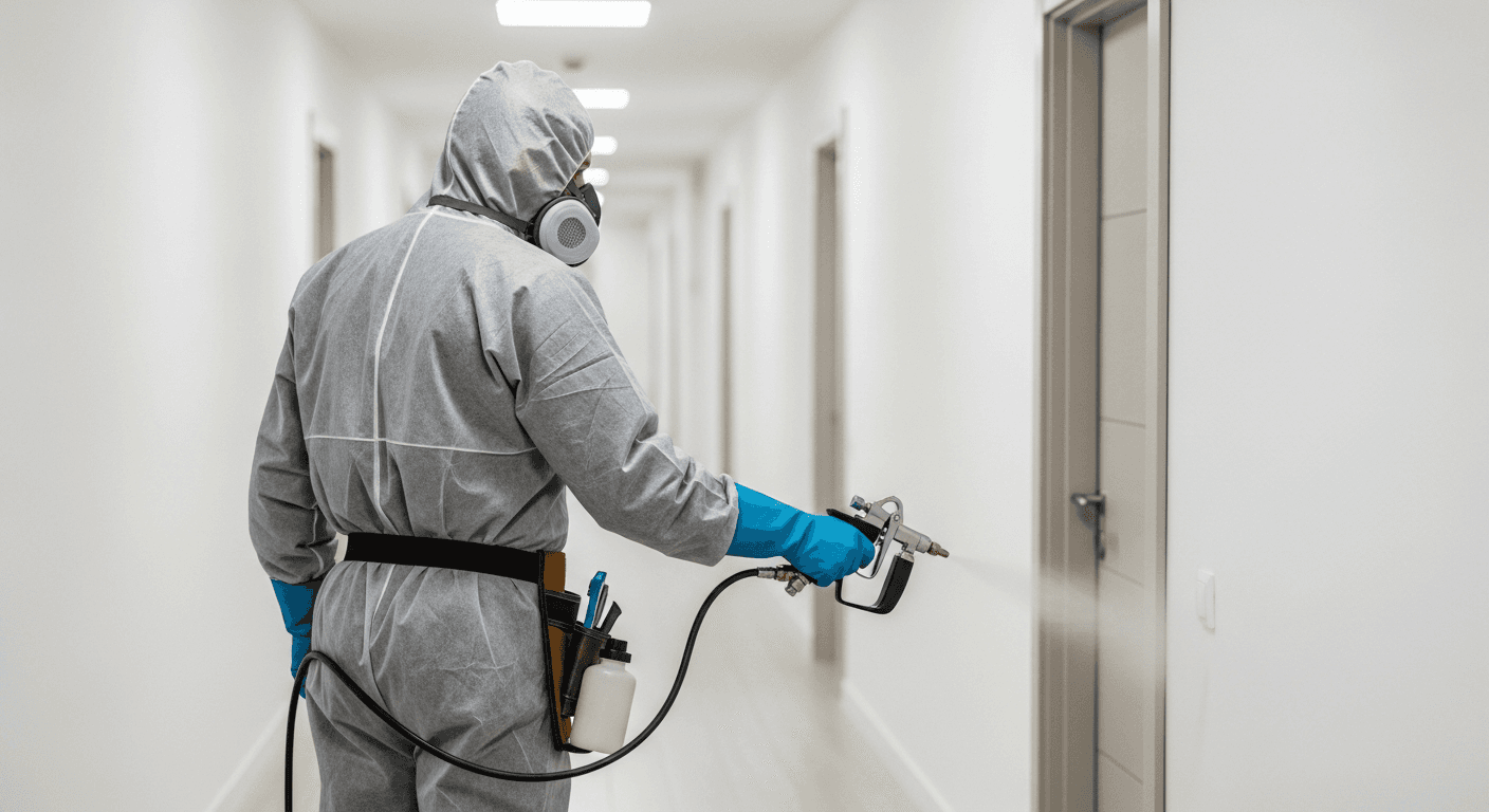 Technician in full protective gear performing insecticide spray treatment inside a facility