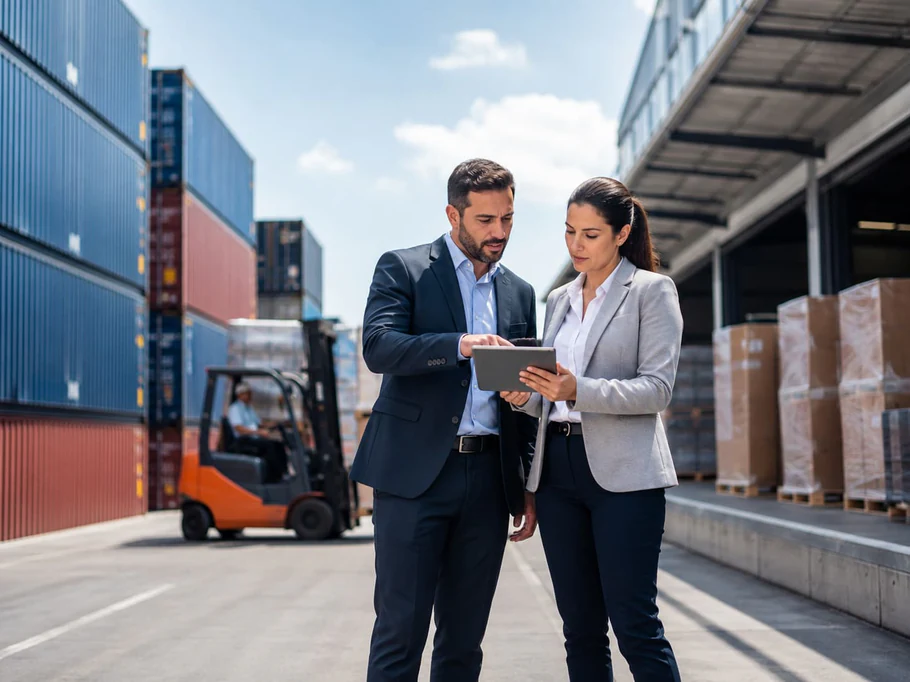 Business professionals reviewing B2B logistics and industrial operations.