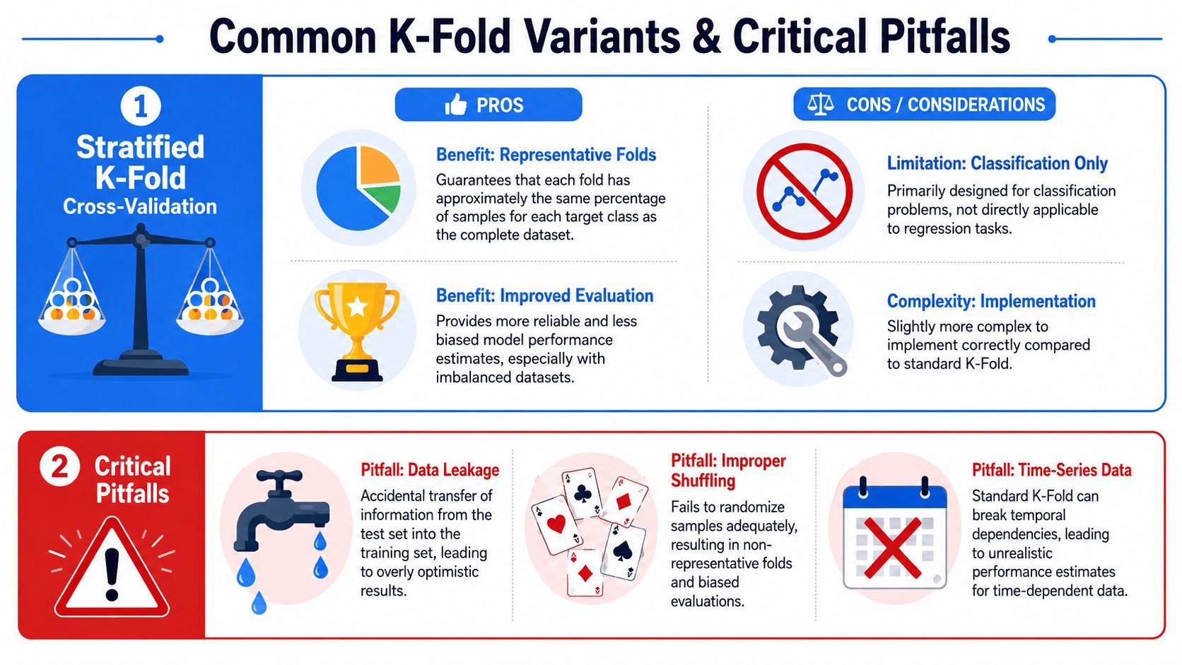 An infographic showing Stratified K-Fold Cross-Validation benefits and common data science evaluation pitfalls and mistakes.