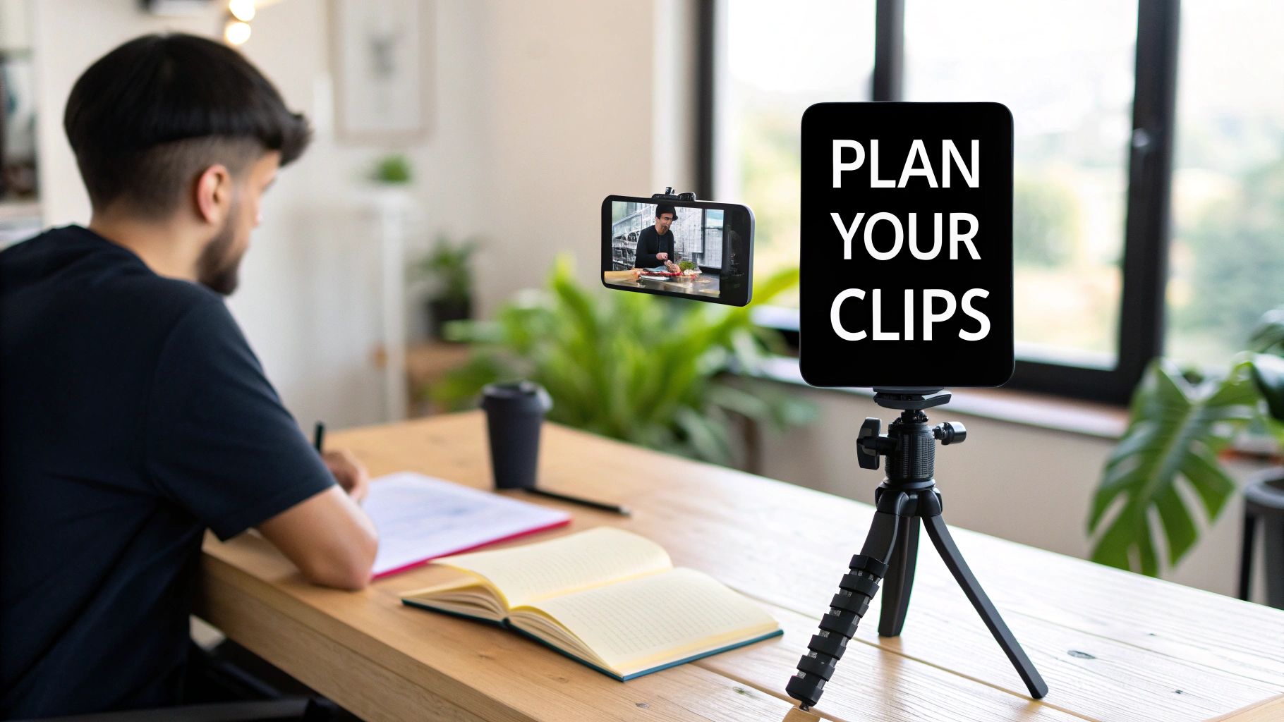 A man plans video clips at a desk with two smartphones, one showing cooking, the other saying 'PLAN YOUR CLIPS'.