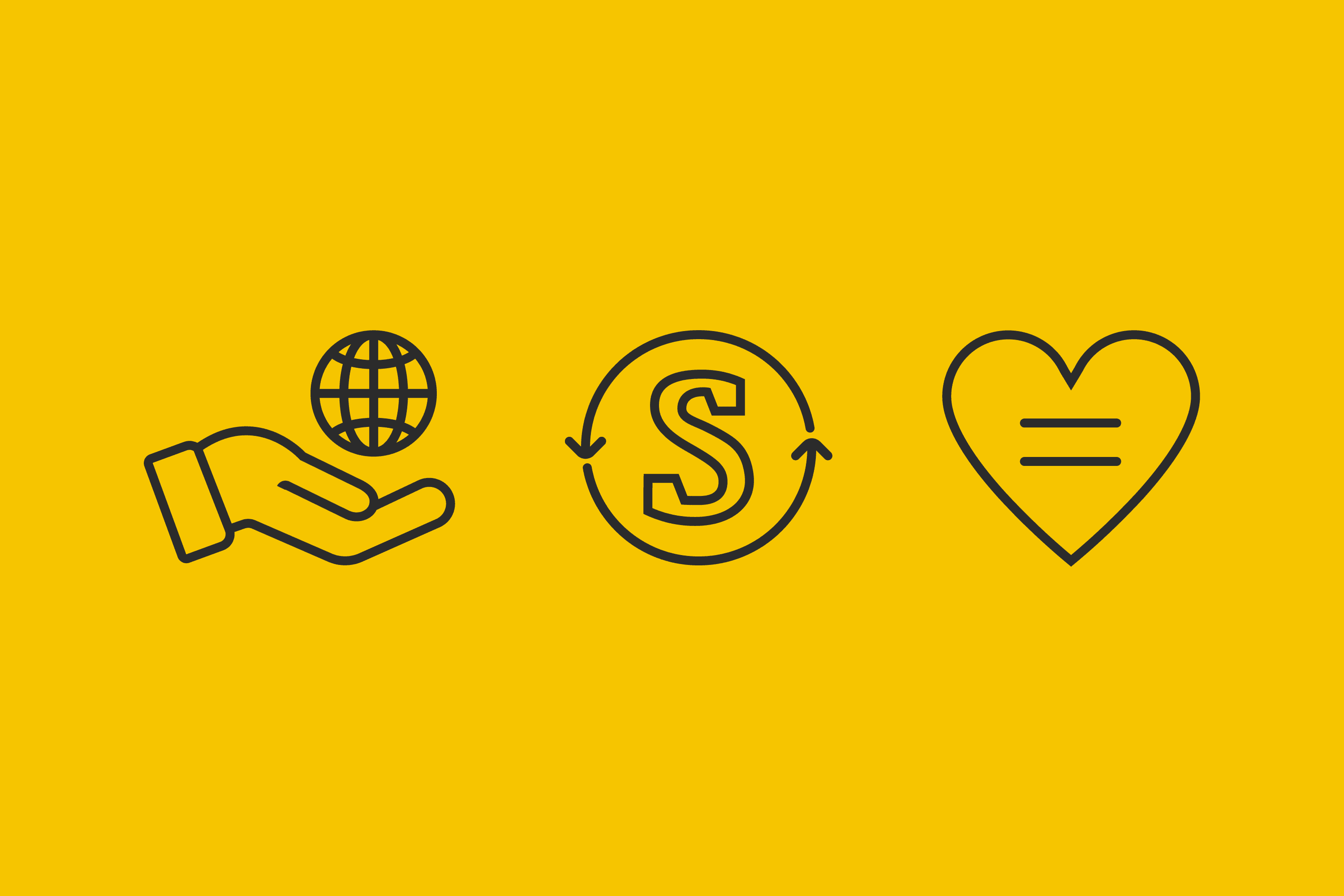 Three icons: hand holding globe, money exchange, heart with equals sign