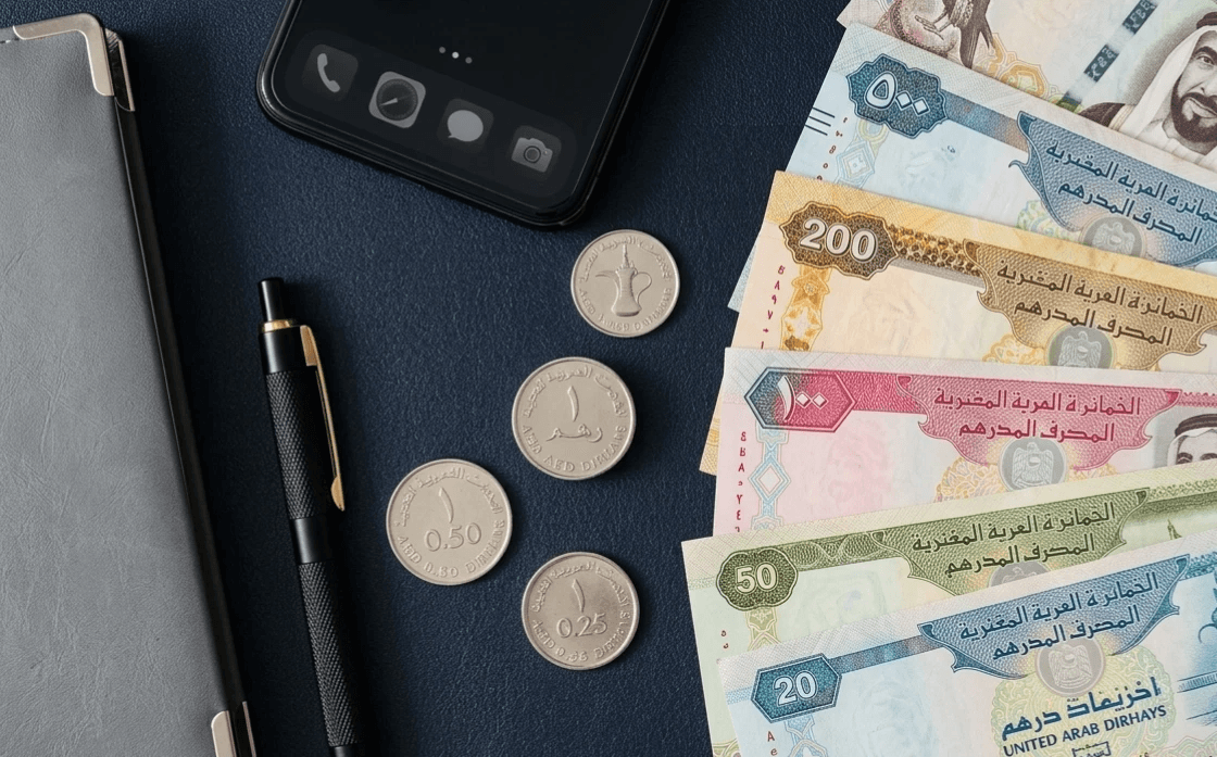 UAE dirham banknotes and coins representing minimum Dubai startup and business setup costs.