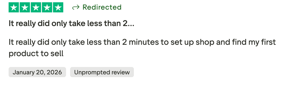 Customer review highlighting fast product discovery setup
