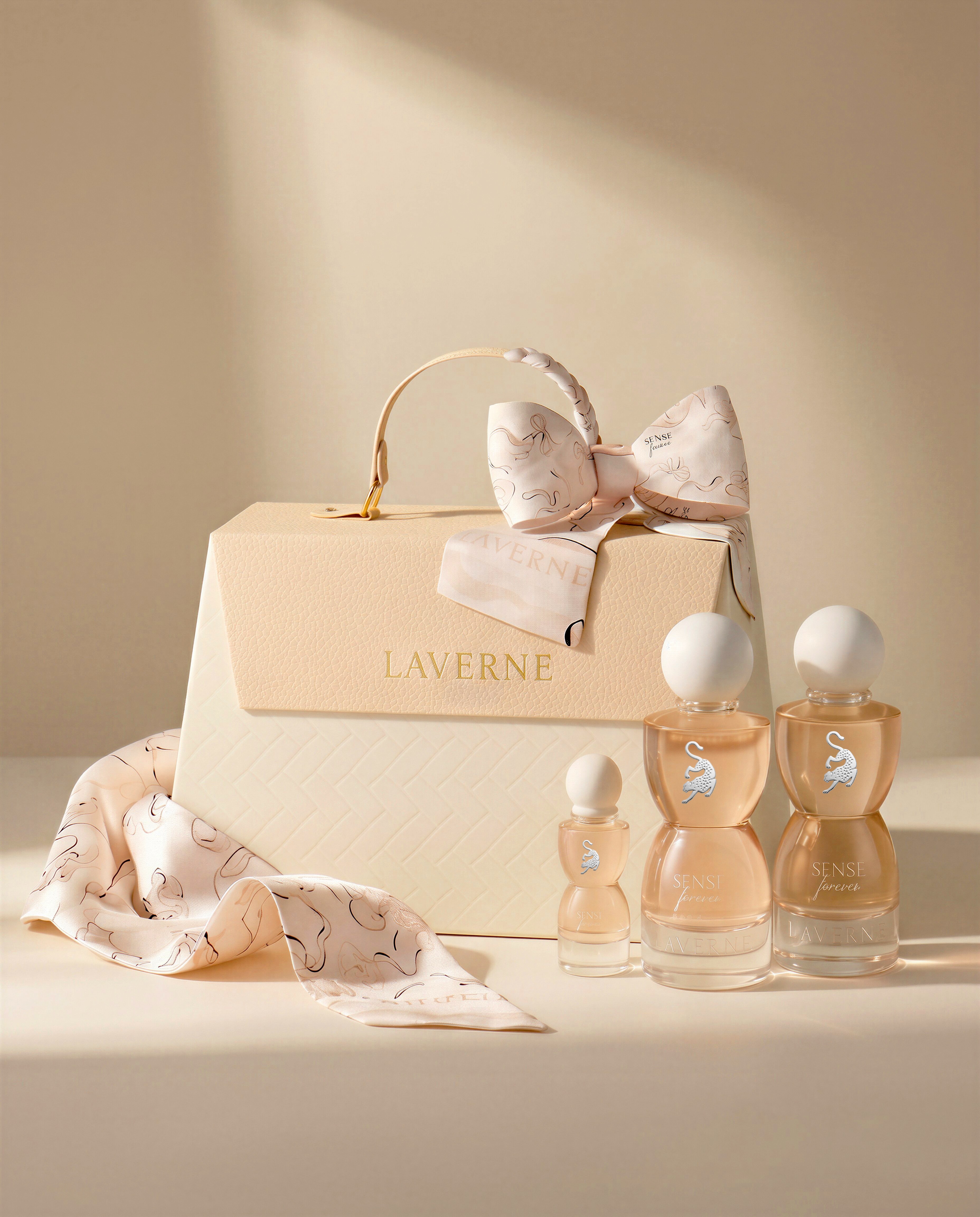 Laverne fragrance set styled with a ribbon and a cream presentation box